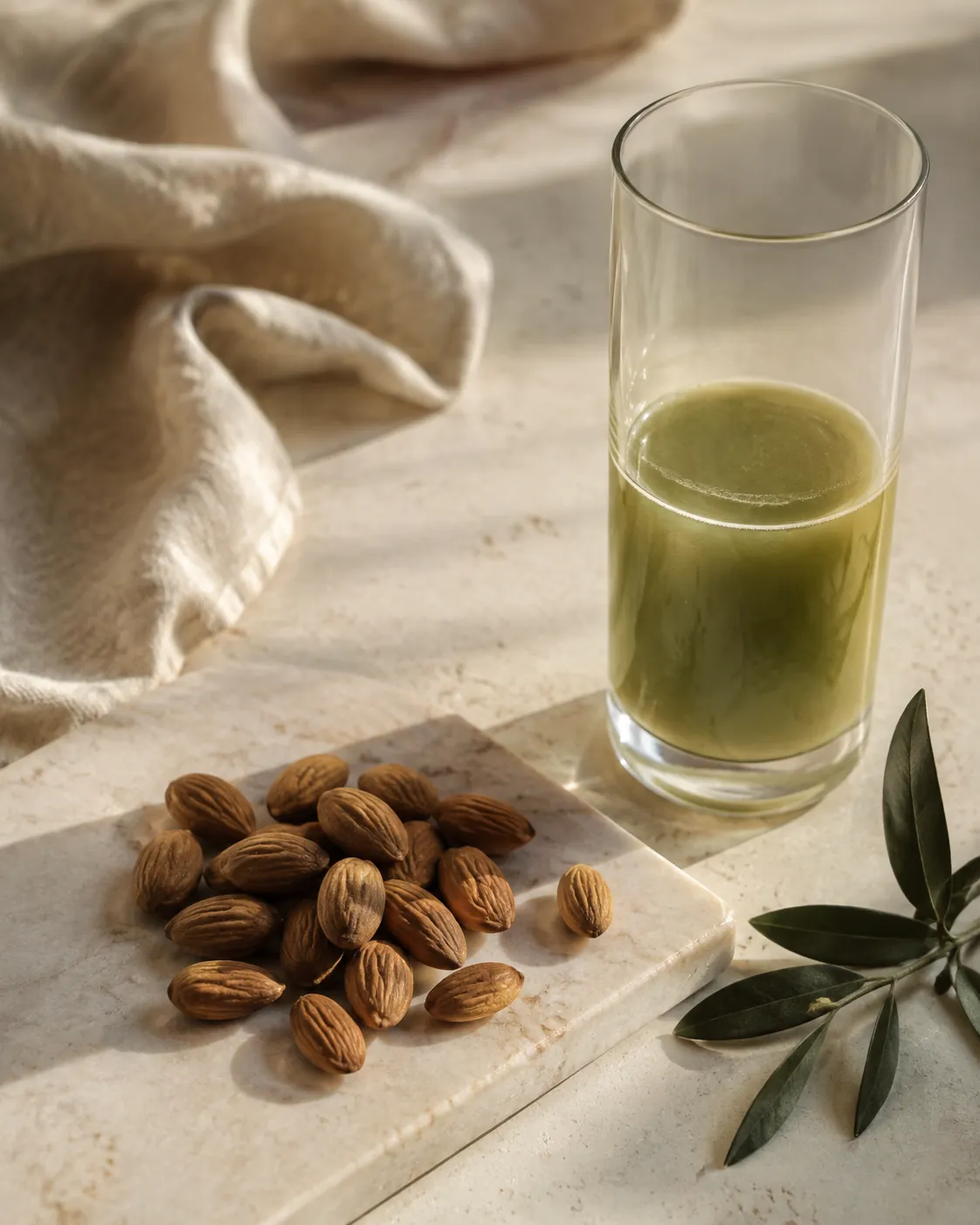A small heap of almonds beside a tall glass of the finished drink