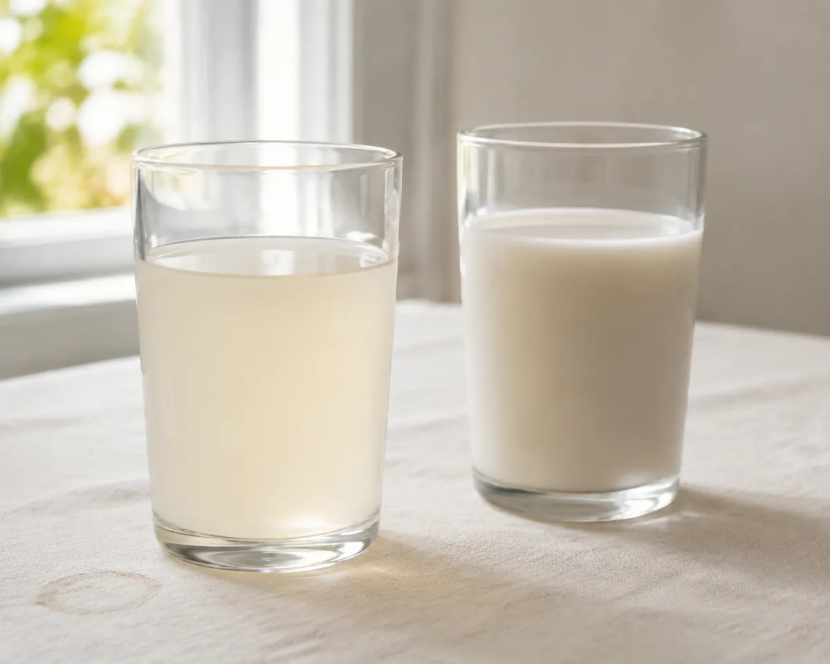 Two glasses of almond milk side by side backlit, one visibly thin and translucent, the other noticeably opaque and creamier