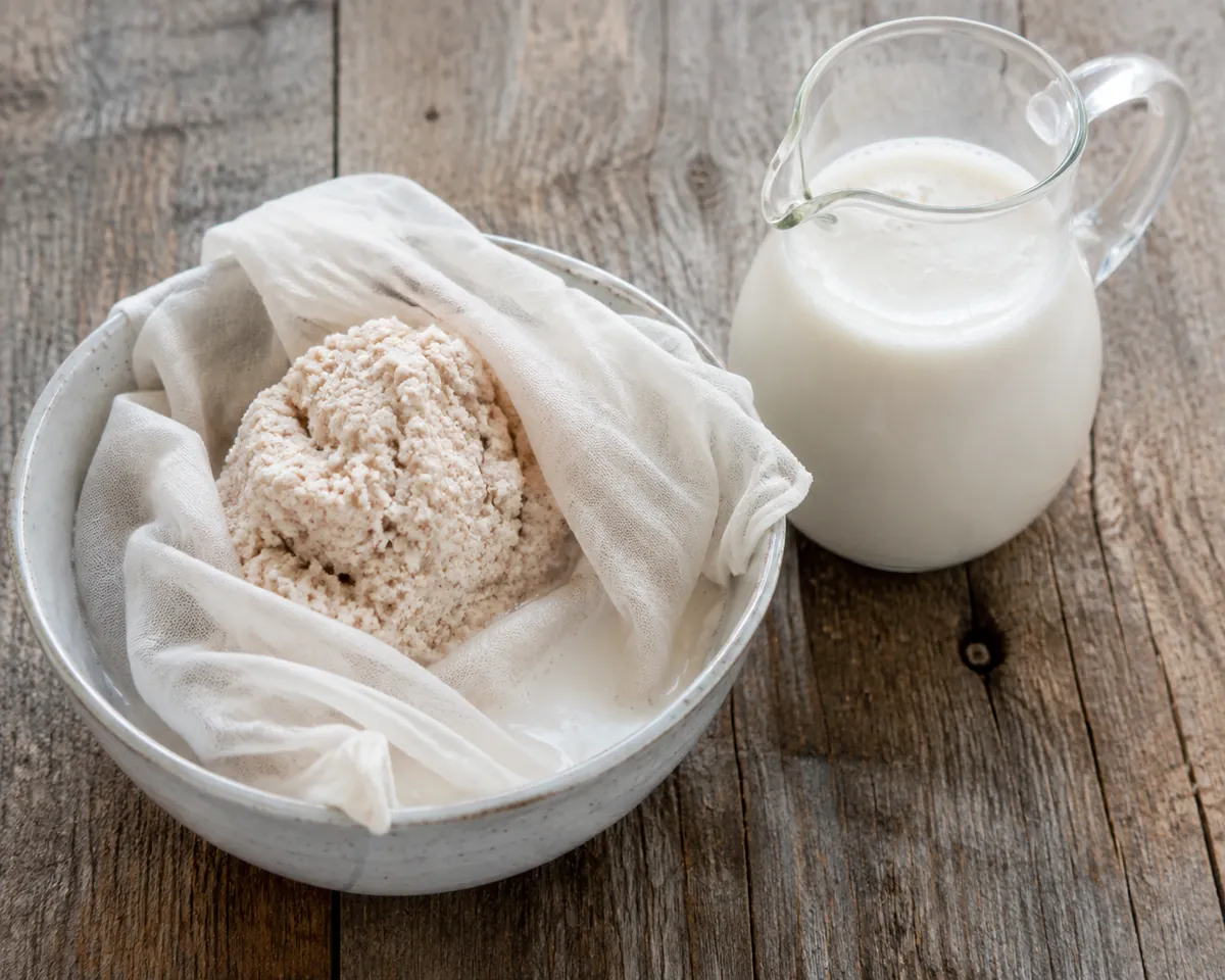 Damp pale almond pulp in a fine straining cloth resting in a bowl beside a jug of strained almond milk
