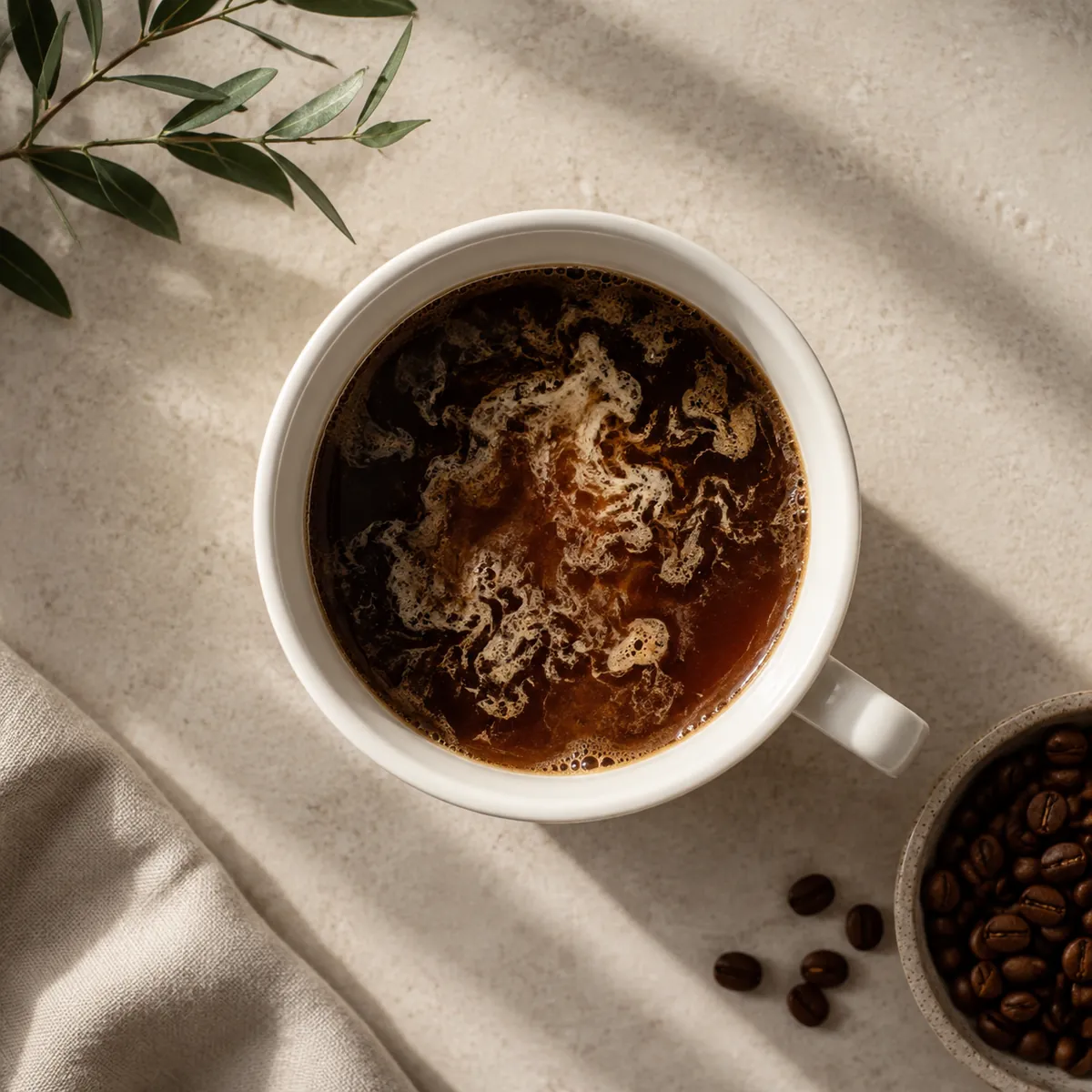 A cup of black coffee with almond milk curdled into pale flecks across the surface