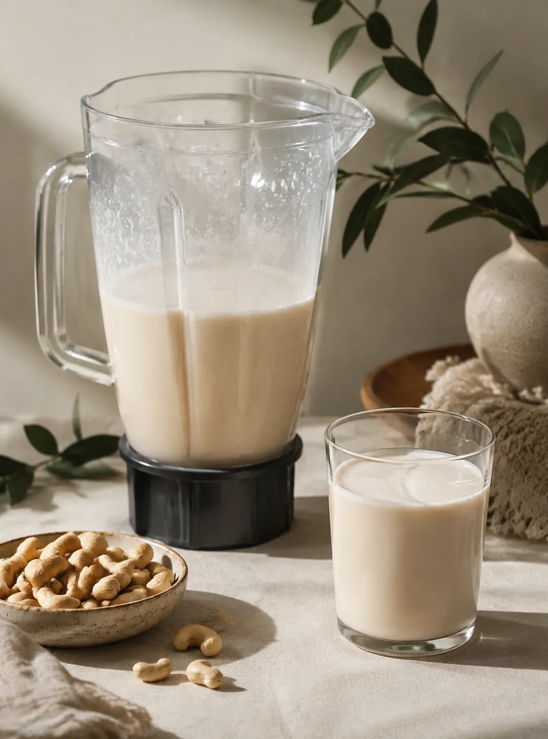 A blender jug half full of pale freshly blended cashew milk with foam on the surface, beside a poured glass of it