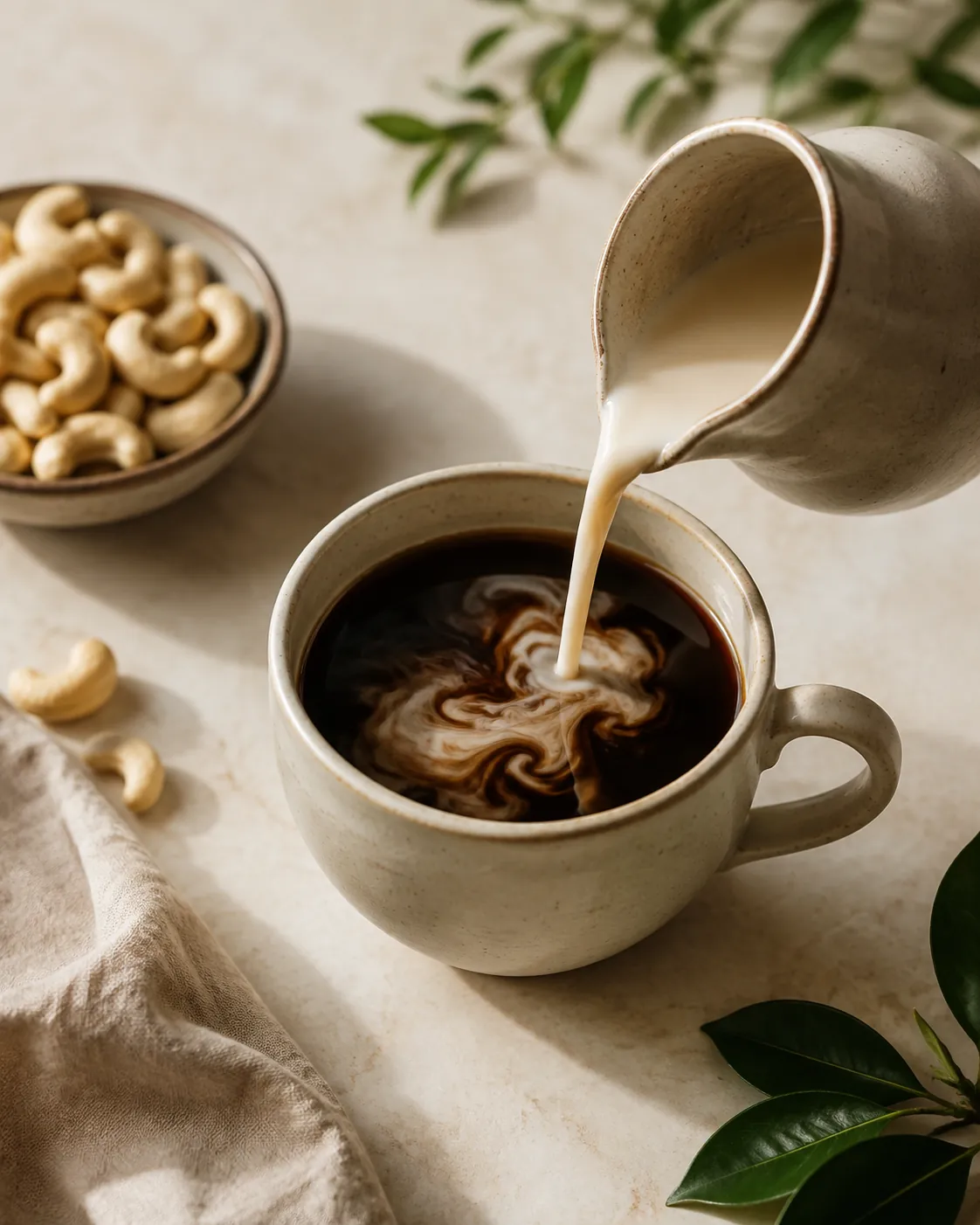 A small jug of thick pale cashew cream being poured into a cup of black coffee, swirling and not yet mixed