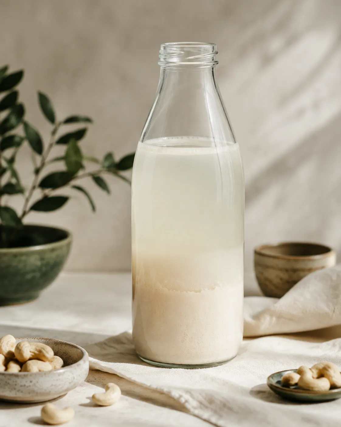 A tall bottle of homemade cashew milk that has stood and separated, a denser pale layer at the base and thinner liquid above