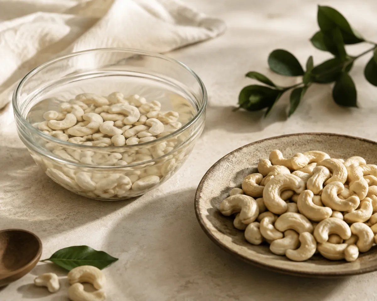 A glass bowl of raw cashew pieces soaking in cold water beside a dry dish of whole raw cashews on a warm neutral surface