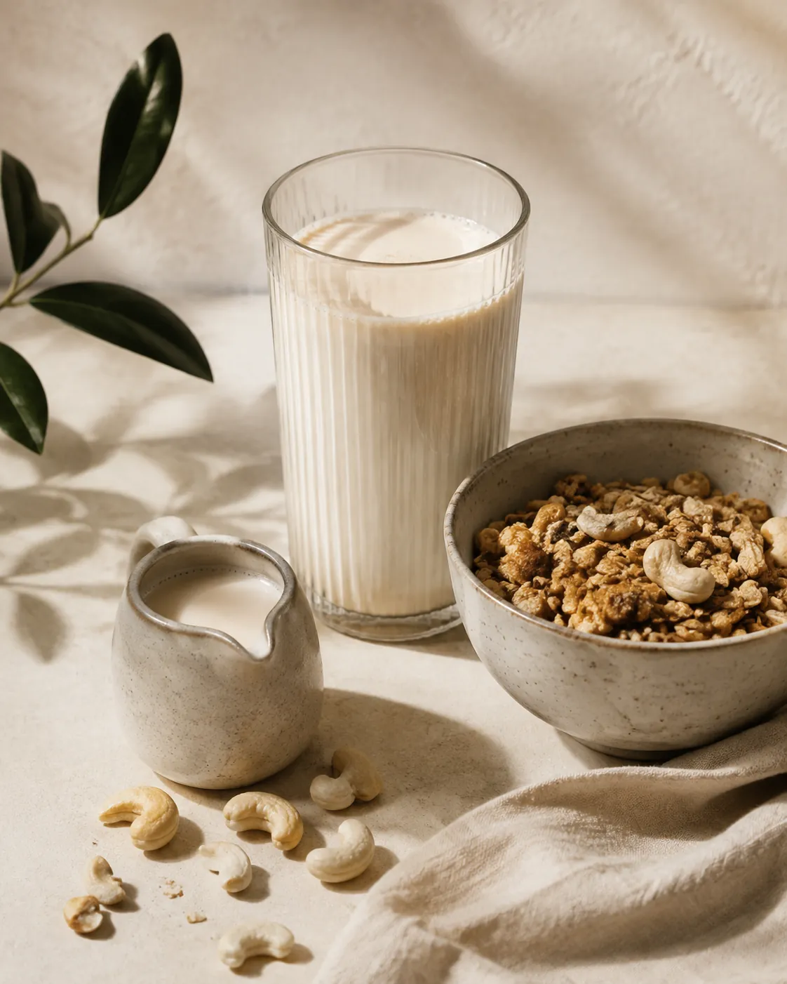 A glass of cashew milk beside a bowl of cereal and a small jug for coffee