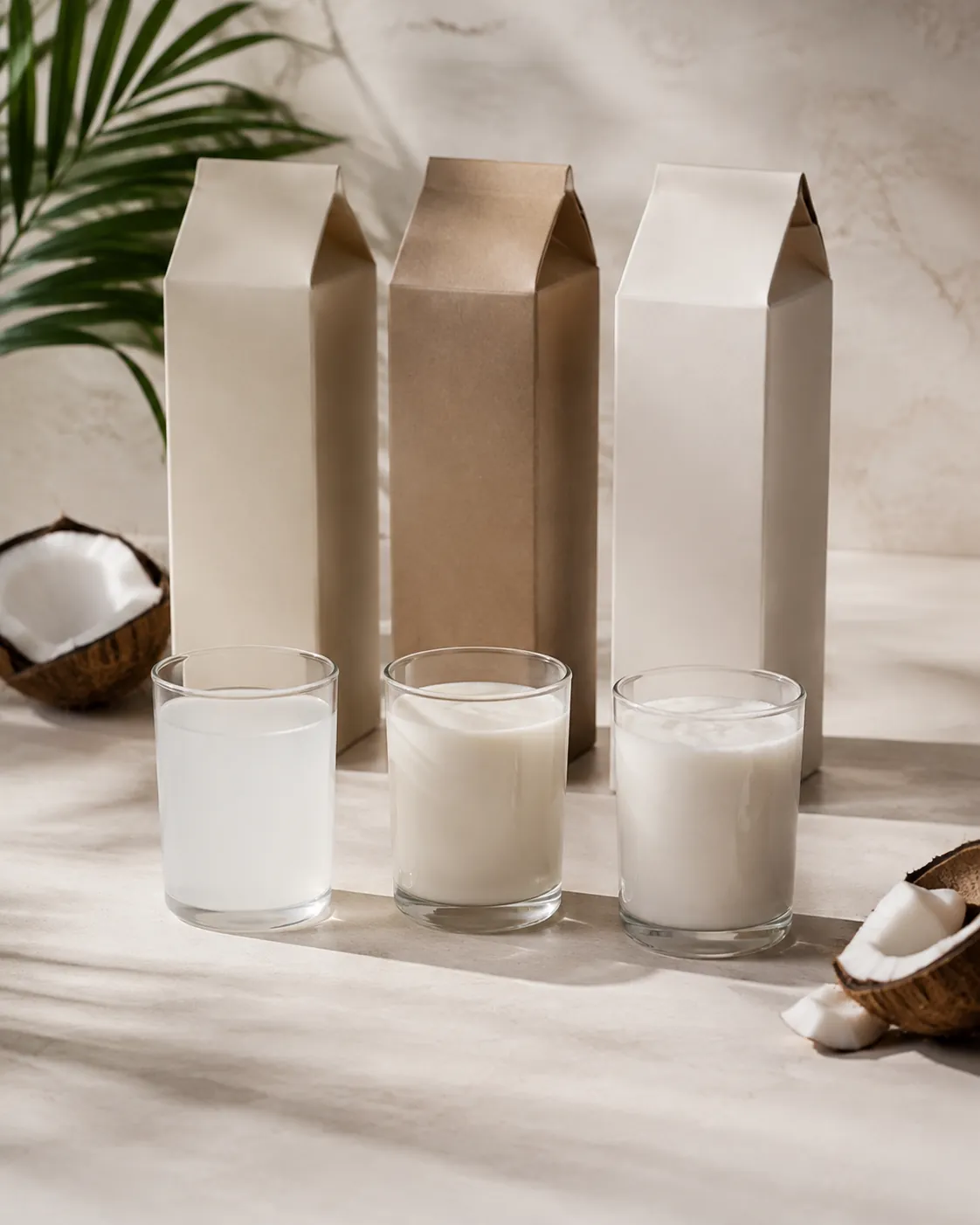 Three plain cartons beside three poured glasses of visibly different thickness