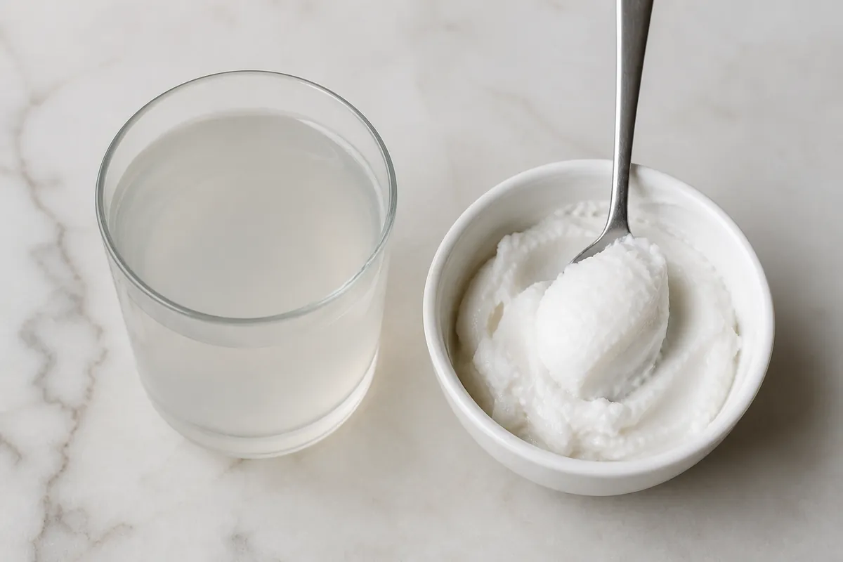 A glass of thin pale coconut drink beside a small bowl of thick white tinned coconut milk, the difference in consistency clearly visible