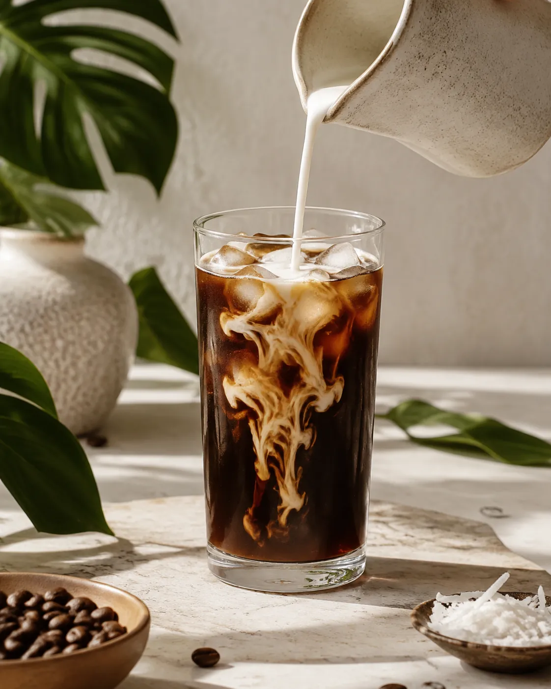 A glass of iced coffee with coconut drink poured through it in pale swirls