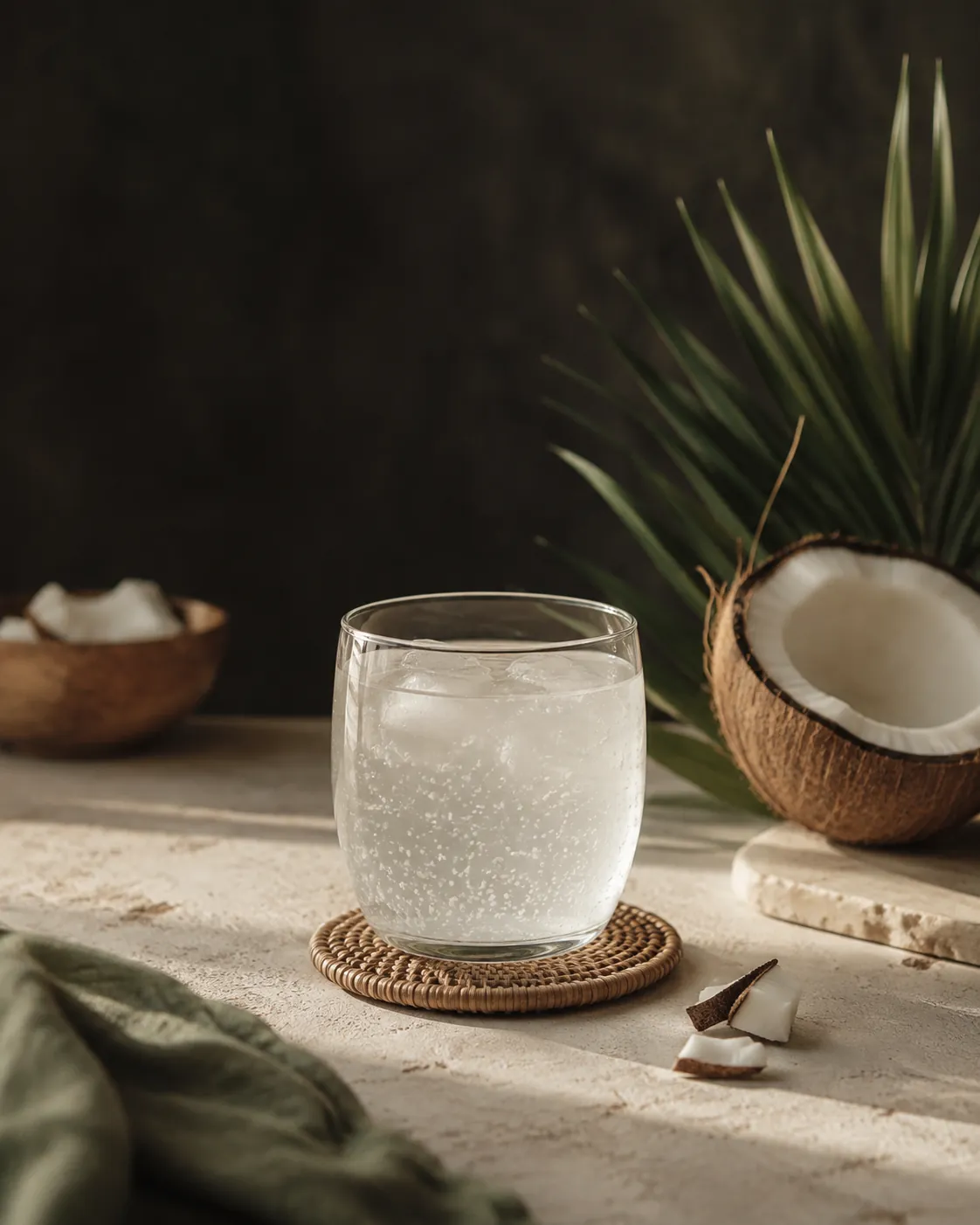 A glass of cold coconut drink showing fine white specks of set fat suspended through it