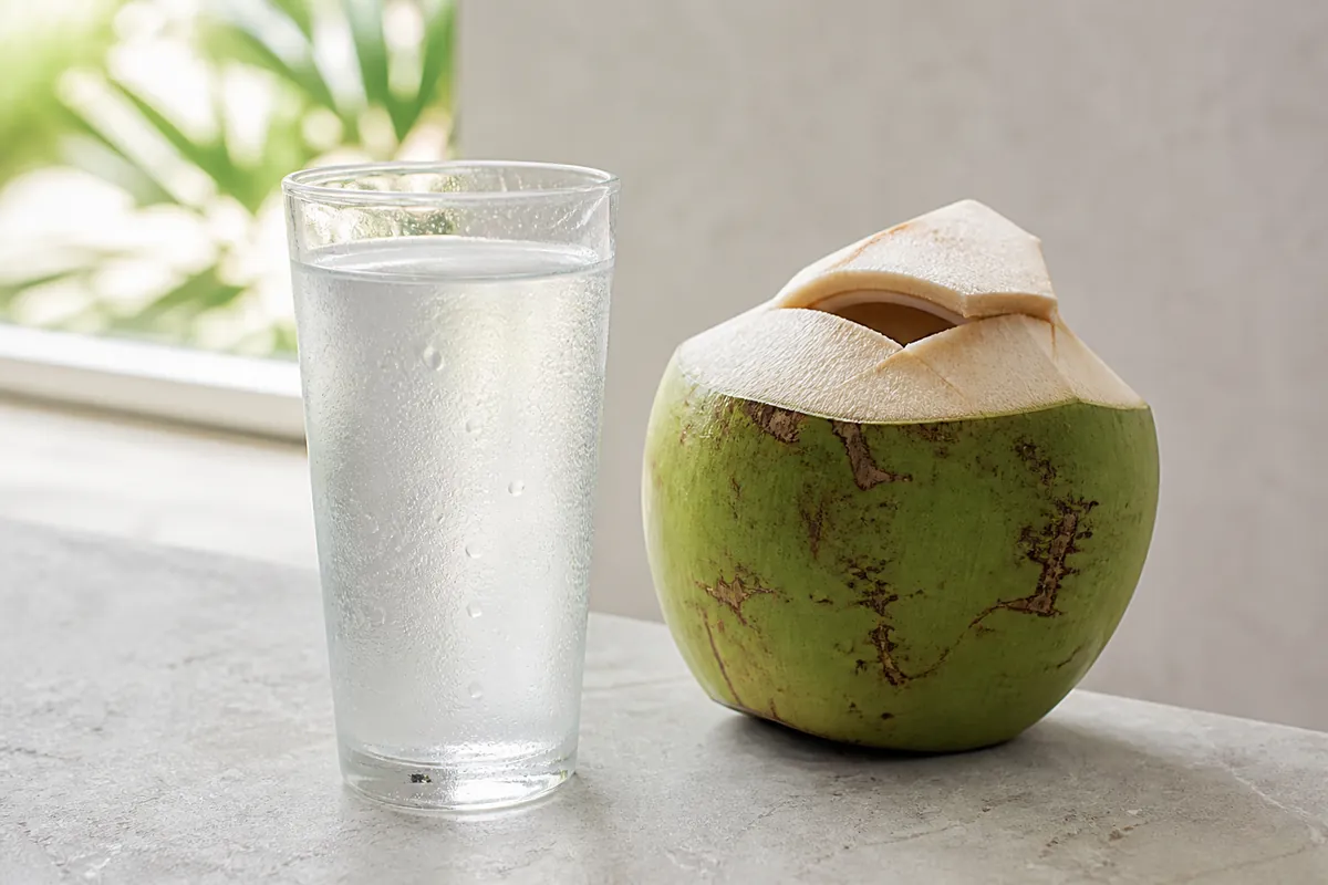 A tall glass of clear slightly cloudy coconut water beside a young green coconut with its top cut open
