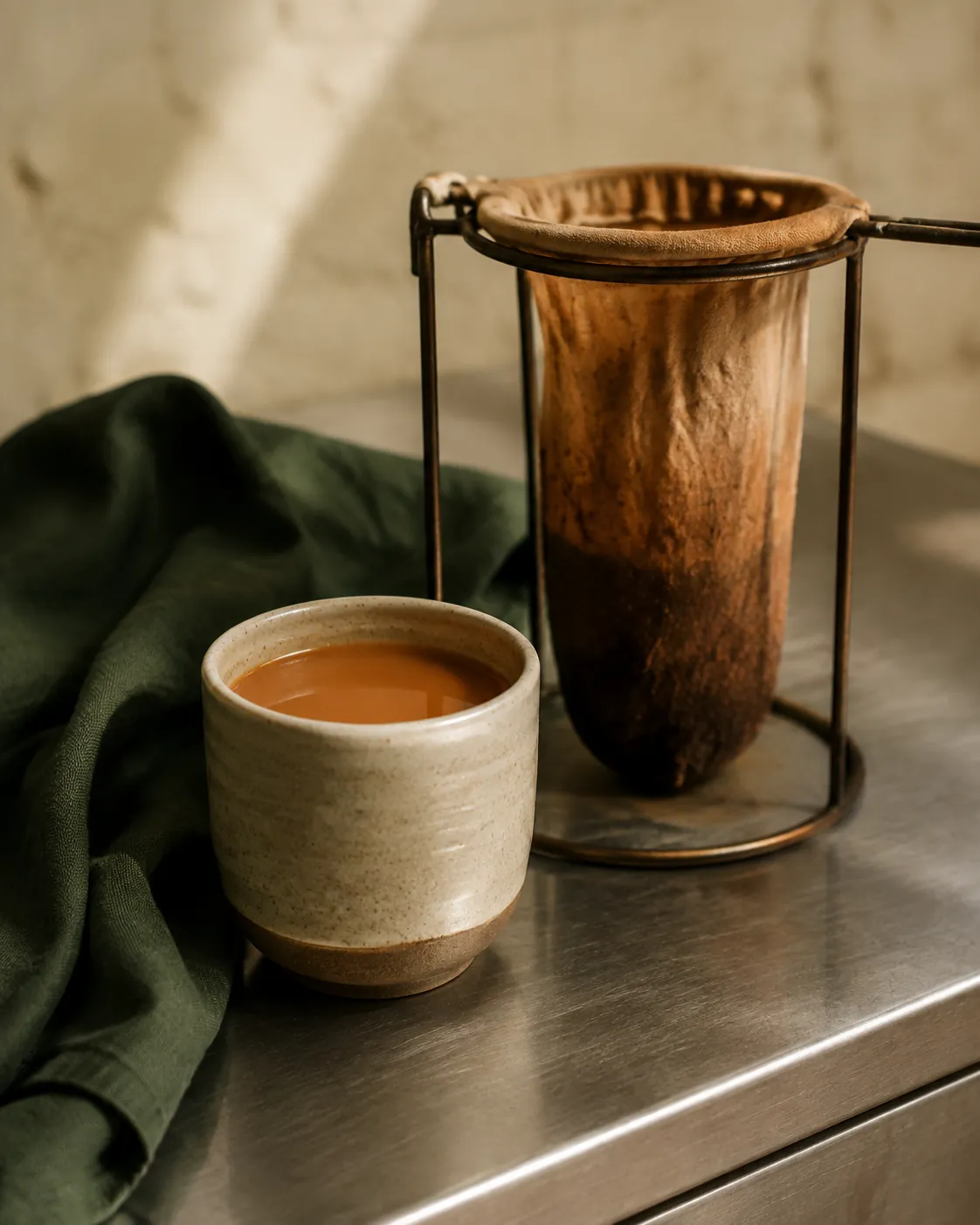 A thick ceramic cup of deep orange-brown milk tea on a metal counter beside a long cloth straining bag stained dark with tea