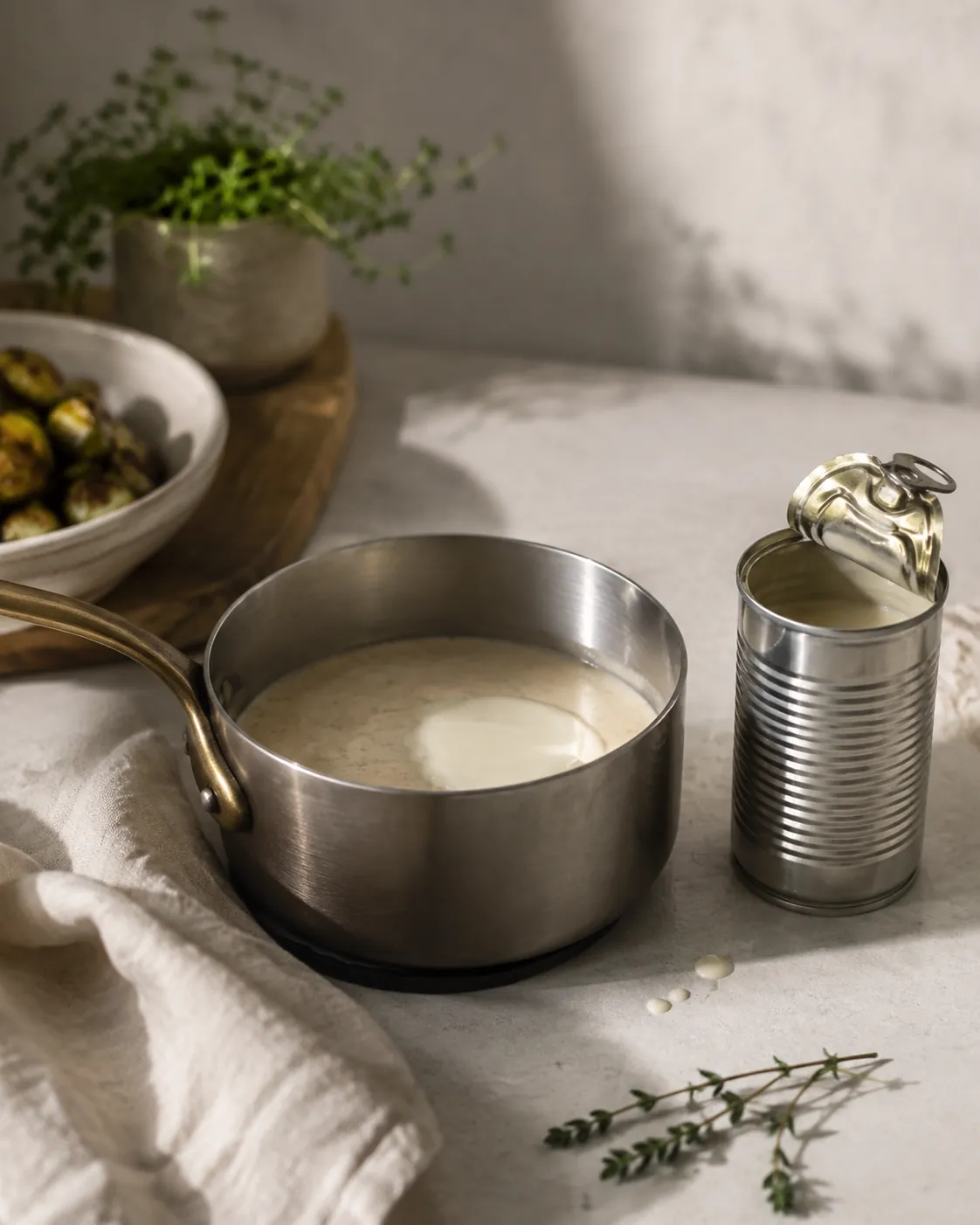 A saucepan of pale sauce being enriched from an opened tin standing beside it