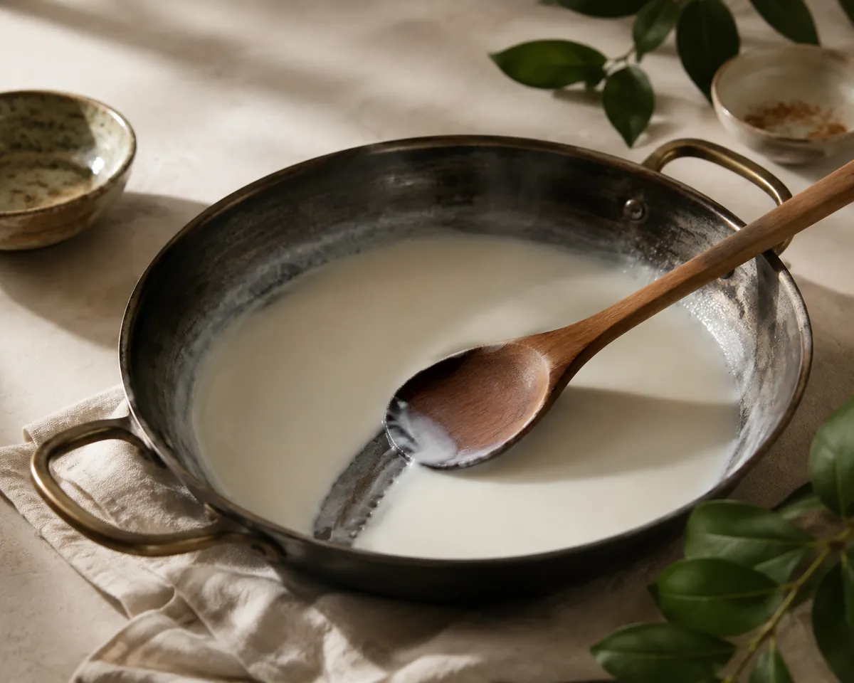 A wide pan of milk reduced to about half, just steaming, a wooden spoon drawn through it leaving a line on the pan base