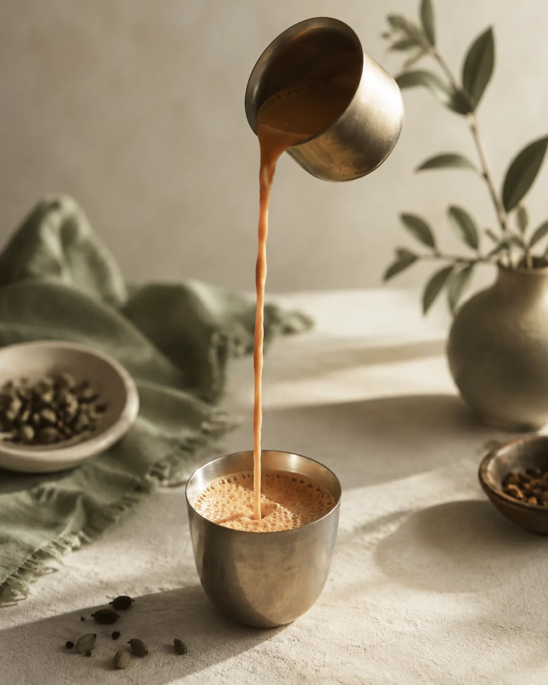 Tea being poured in a long stream between two metal cups, foam building in the lower one