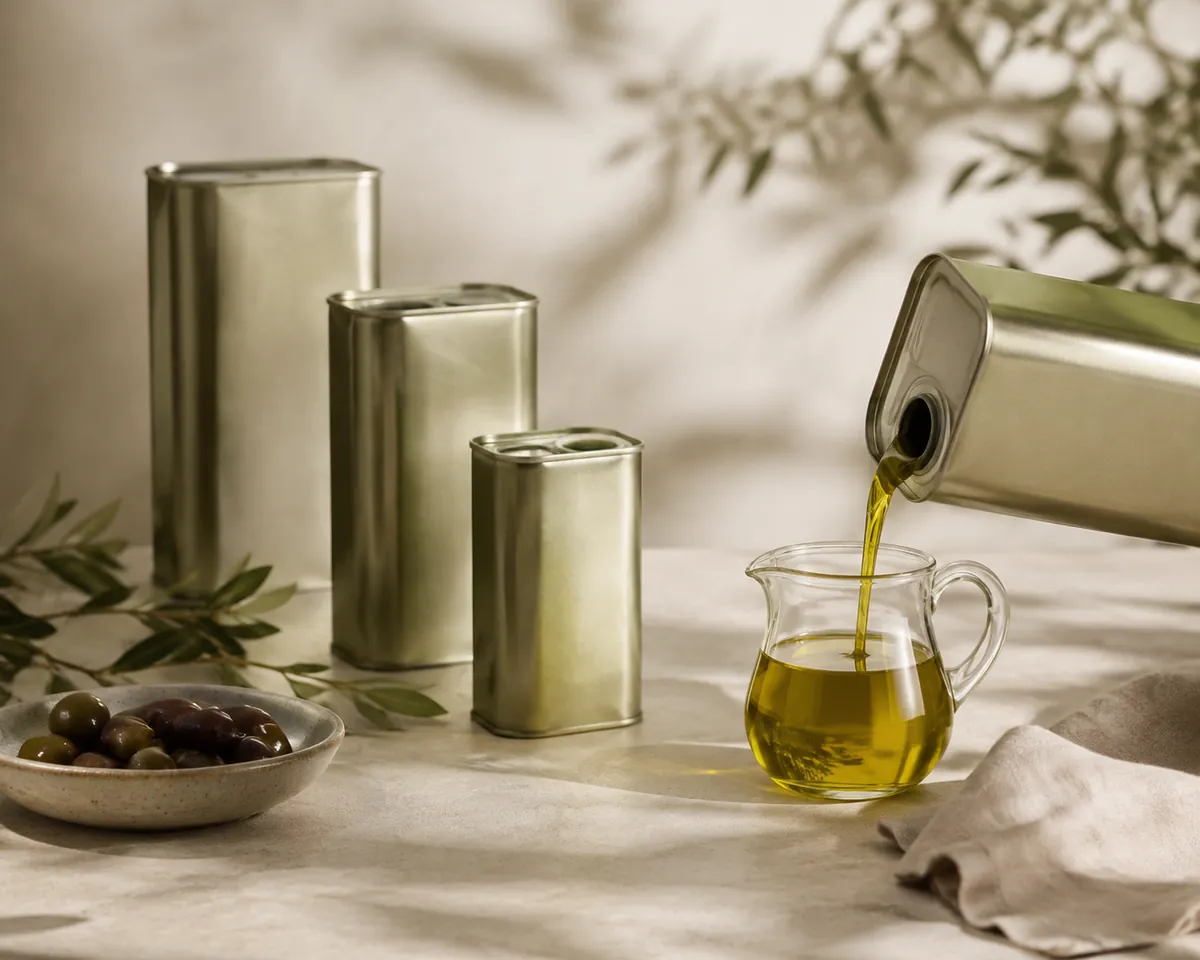 Three plain unlabelled tins of different sizes beside an open one poured into a small glass jug on a pale worktop