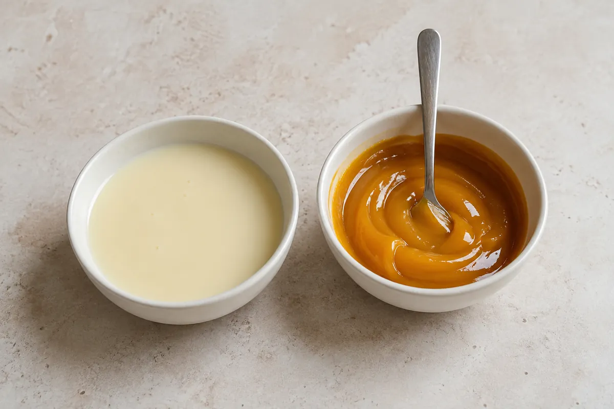 Two white bowls side by side, the left a thin pourable cream-coloured liquid and the right a thick glossy golden syrup with a spoon standing in it