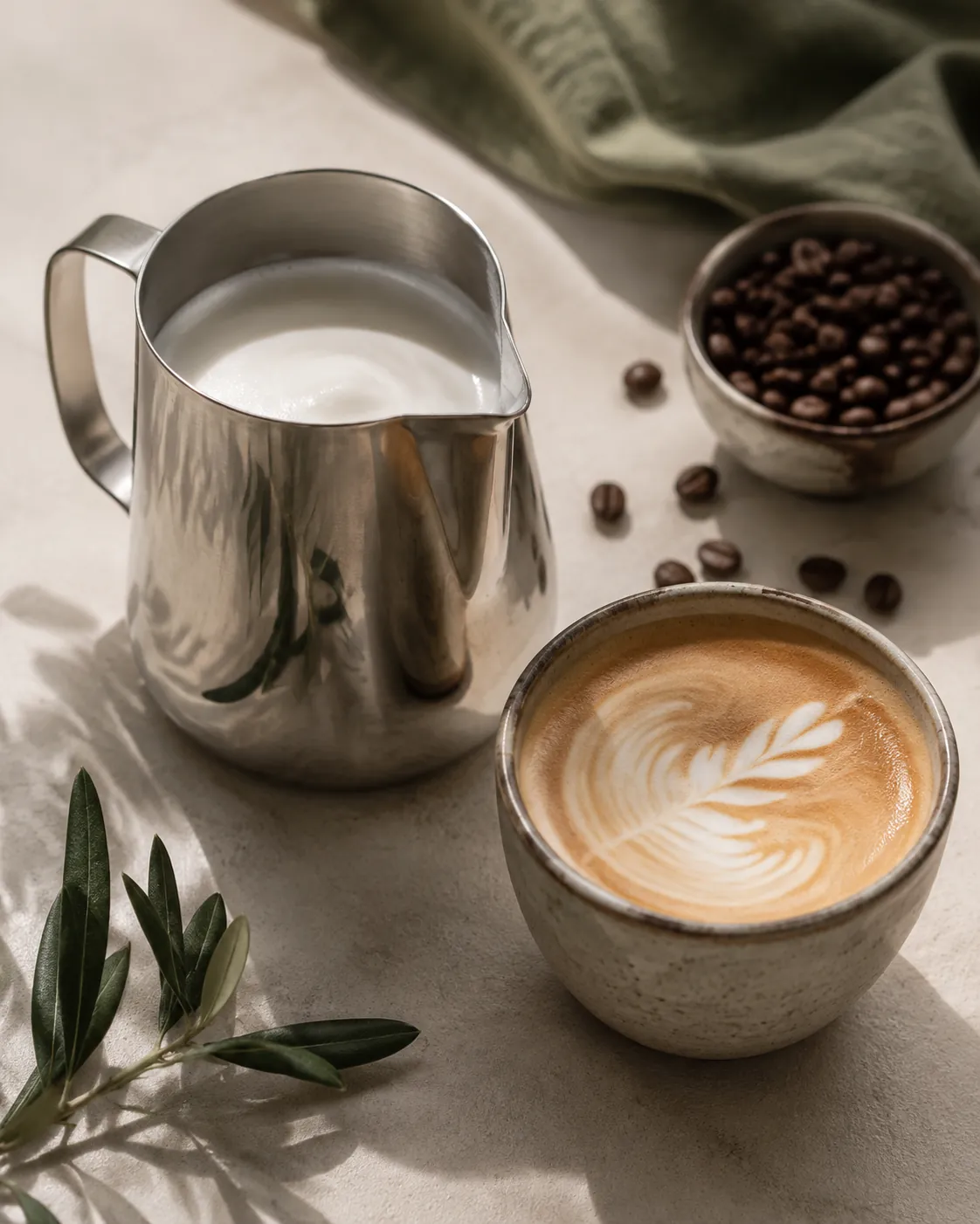 A steel jug of steamed pale plant milk tilted to show a glossy microfoam surface, beside a cup with a rosetta beginning to form