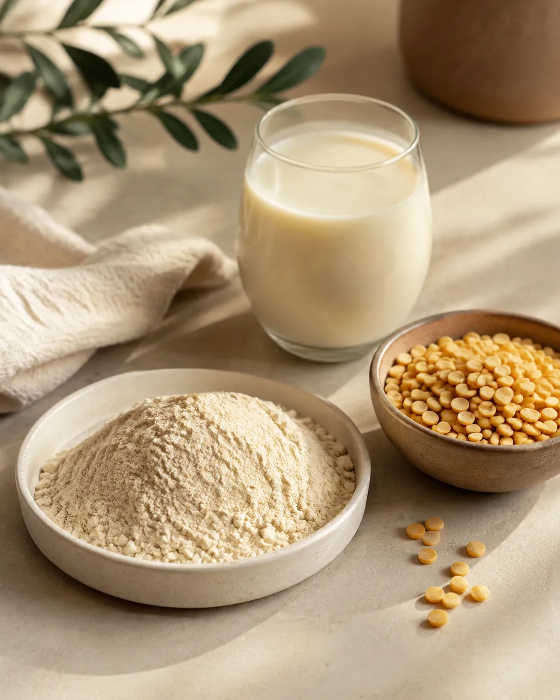 A small dish of fine pale cream protein powder beside a dish of dried yellow split peas and a glass of pale milk
