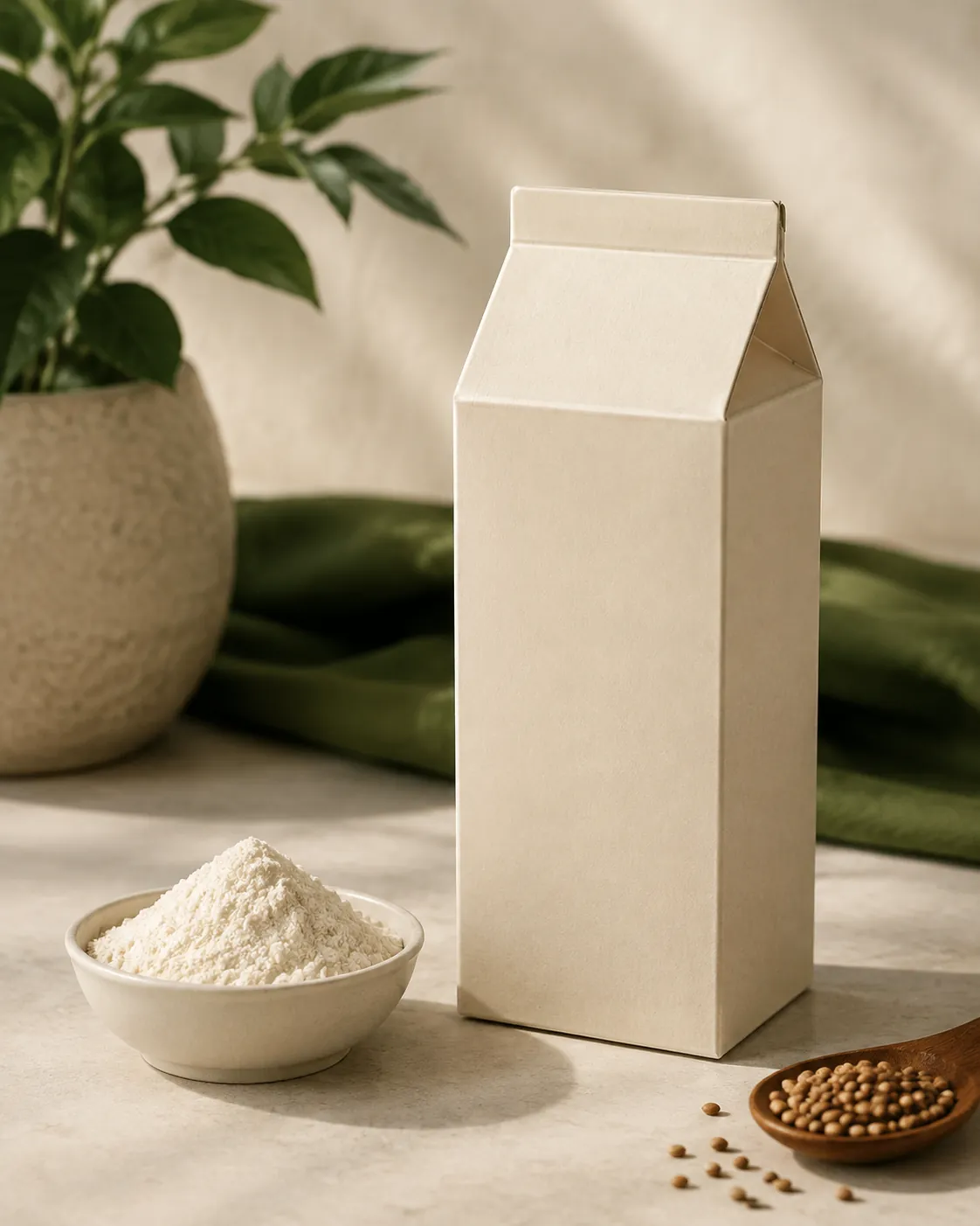 A plain carton turned side on with a blank ingredients panel, beside a small dish of isolate