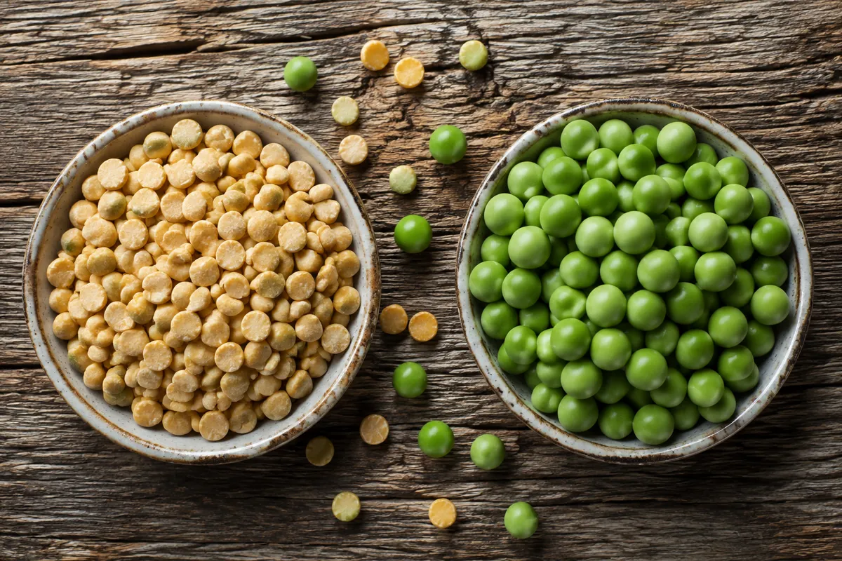 Two dishes on weathered wood, the left dried pale yellow split peas and the right fresh bright green garden peas