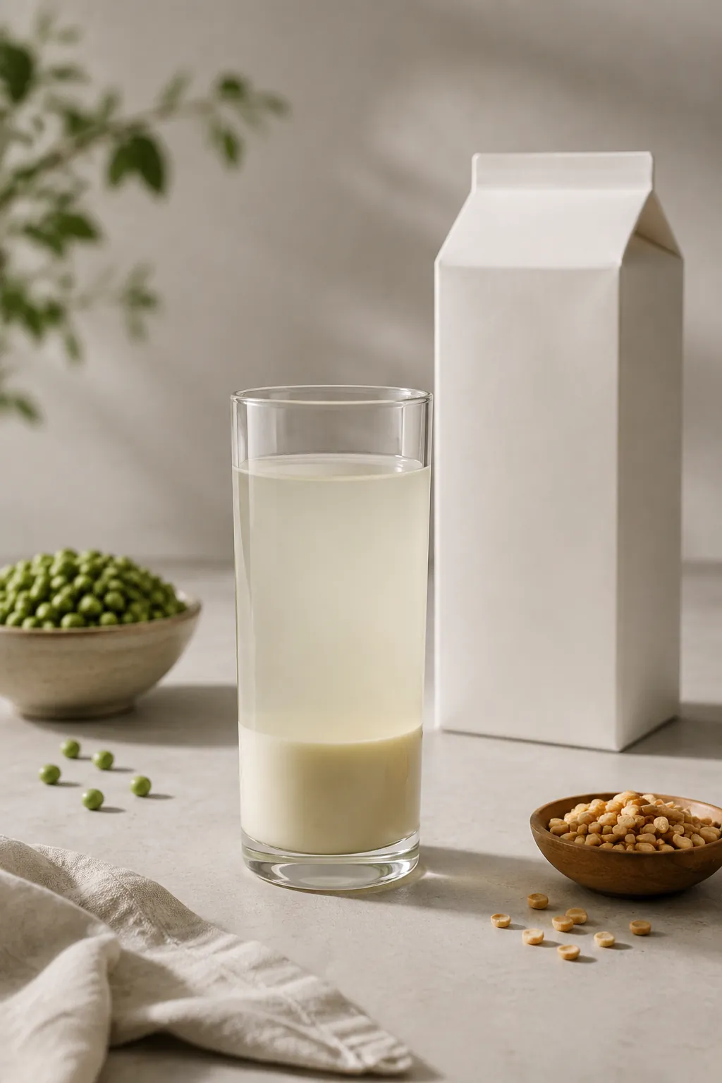A tall glass of pea milk that has settled, a denser pale layer at the bottom under thinner liquid