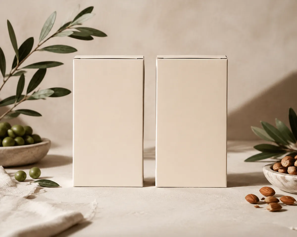 Two identical plain cartons standing side by side with blank front panels