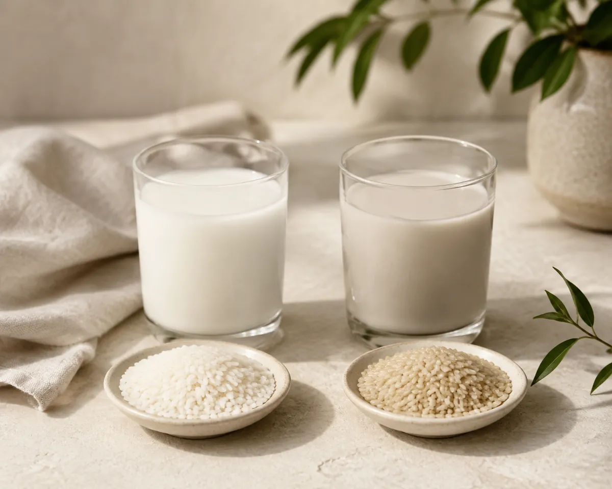 Two glasses of rice milk, the left bright white and the right faintly grey-beige