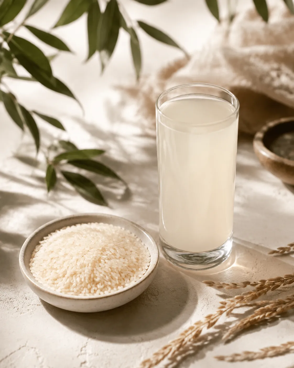 A small dish of dry white rice beside a tall glass of the thin finished drink