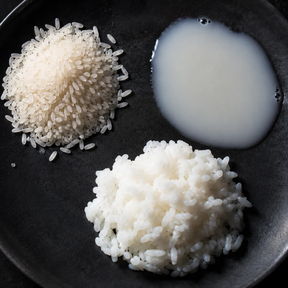 Uncooked white rice grains in a small dish beside cooked rice and a glass of pale rice milk