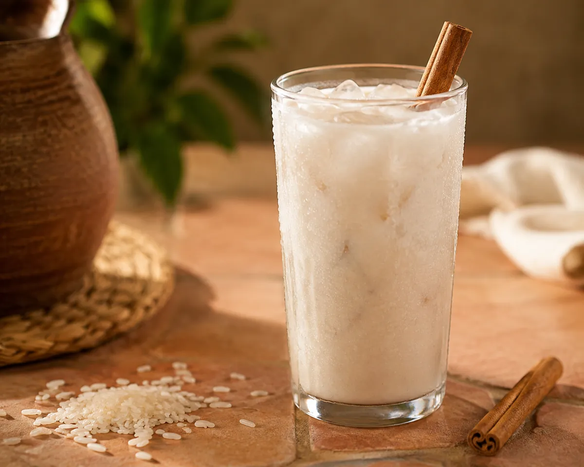 A tall glass of pale creamy horchata over ice with a cinnamon stick in it, beside scattered rice and a second cinnamon stick