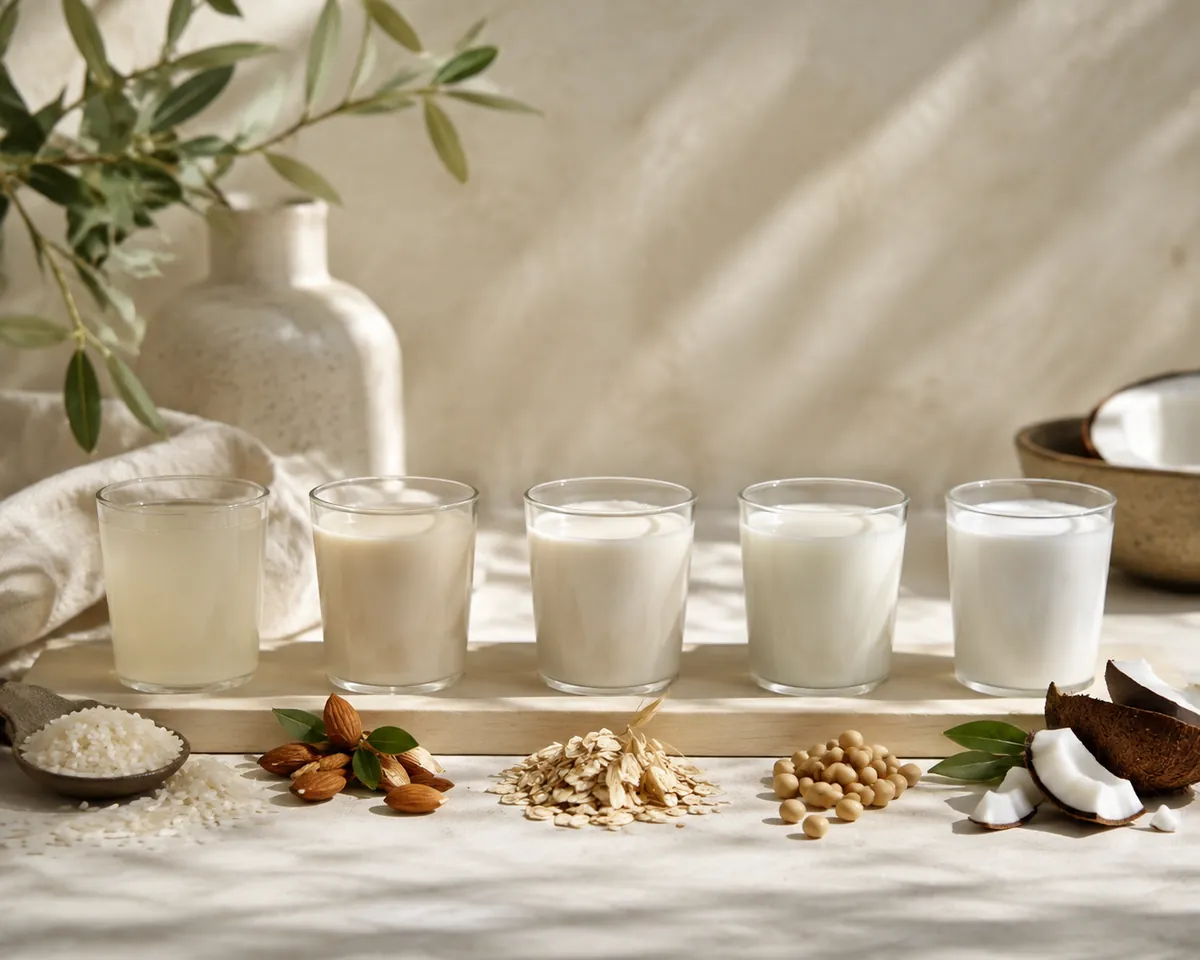 Five small glasses in a row on a wooden board, each holding a different plant drink from nearly translucent pale to dense white