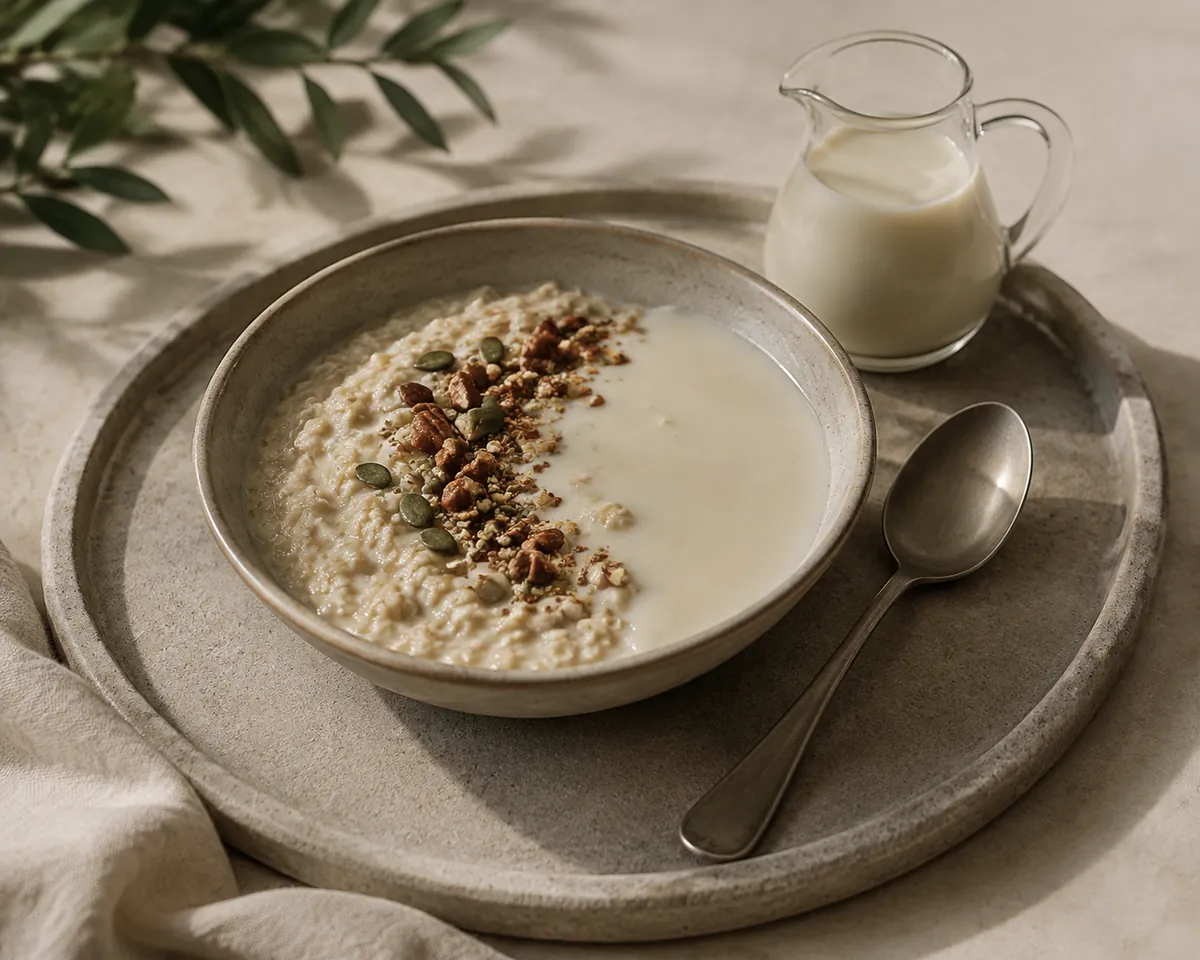 A bowl of oat porridge with pale rice drink poured over one side, a small jug of the same drink and a spoon beside it