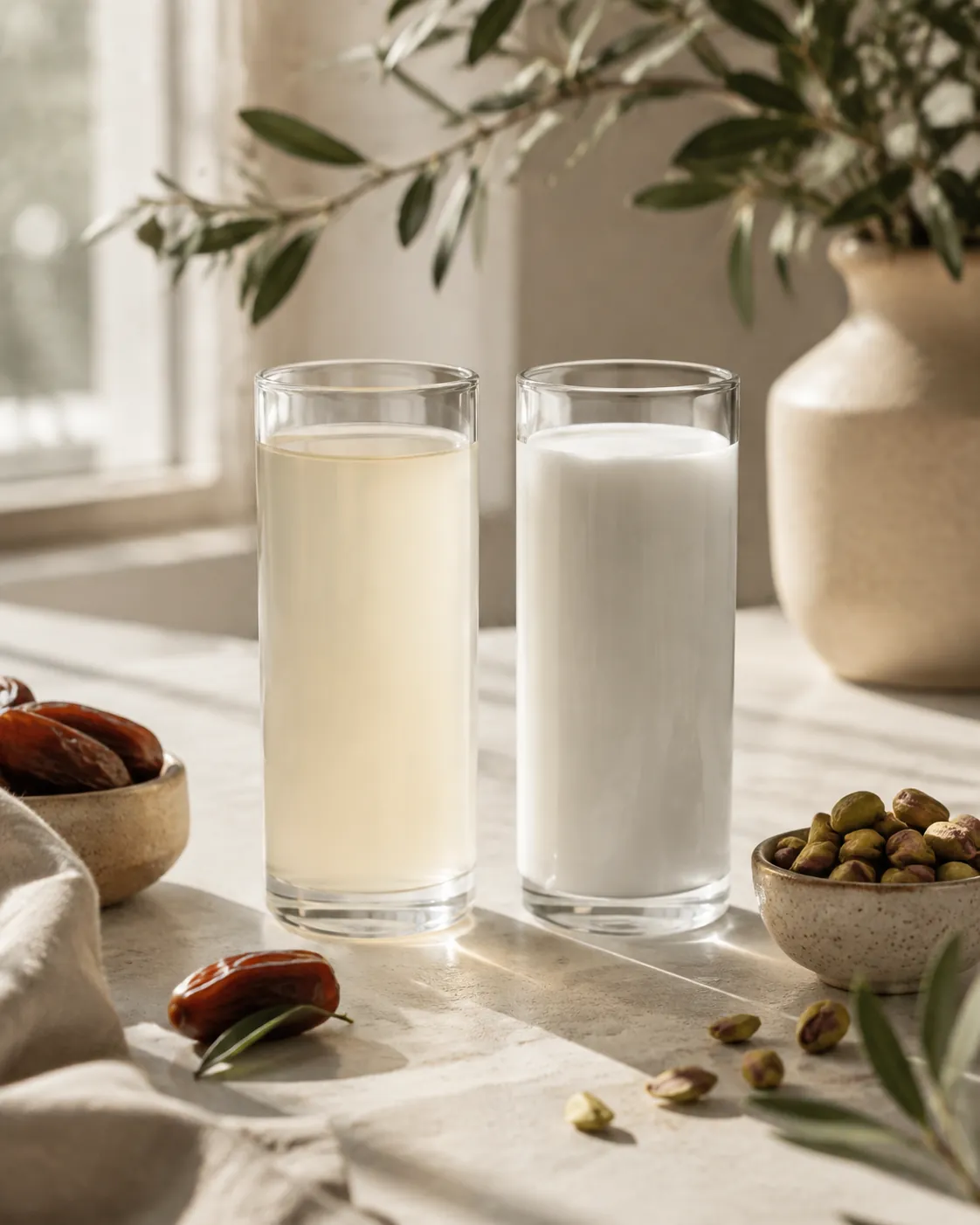 Two identical glasses against a bright window, the left holding thin translucent rice drink that light passes through and the right holding an opaque white drink