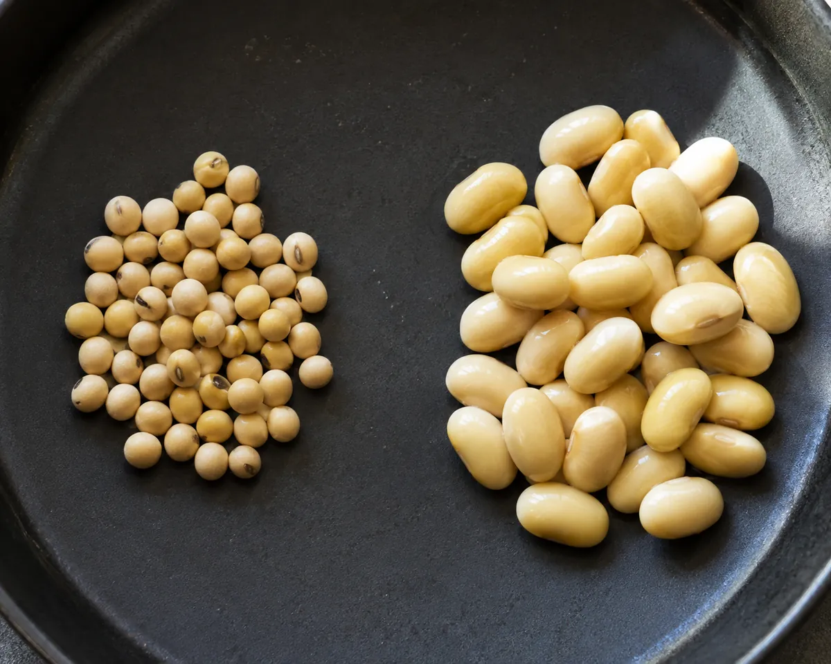 Dried pale yellow soybeans in a small dish beside a glass of soy milk and a scattering of soaked swollen beans