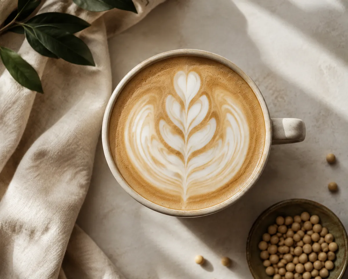 A latte poured with soy milk, the surface glossy with a clean rosetta