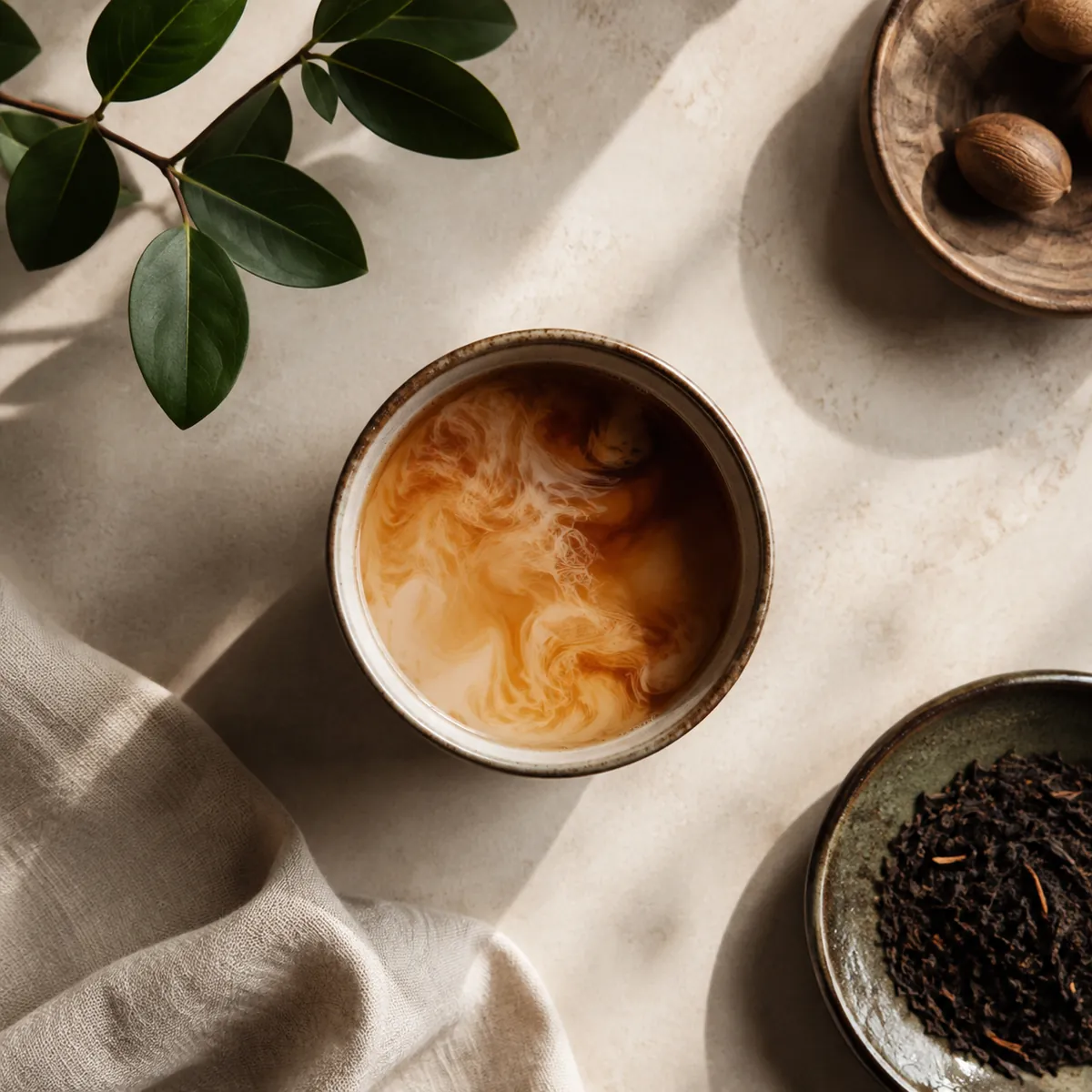 A cup of black tea with soy milk swirling into it, still marbled