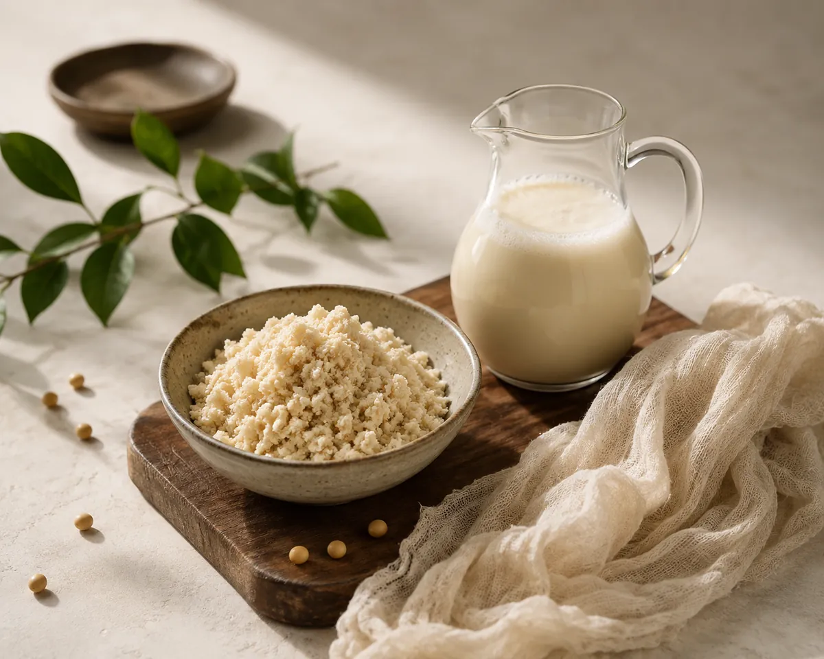 A bowl of pale crumbly okara pulp beside a jug of freshly strained soy milk
