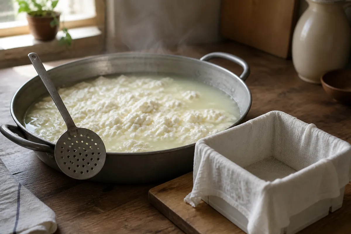 Soft white curds separating from pale whey in a wide pan with a slotted spoon and a cloth-lined mould beside it