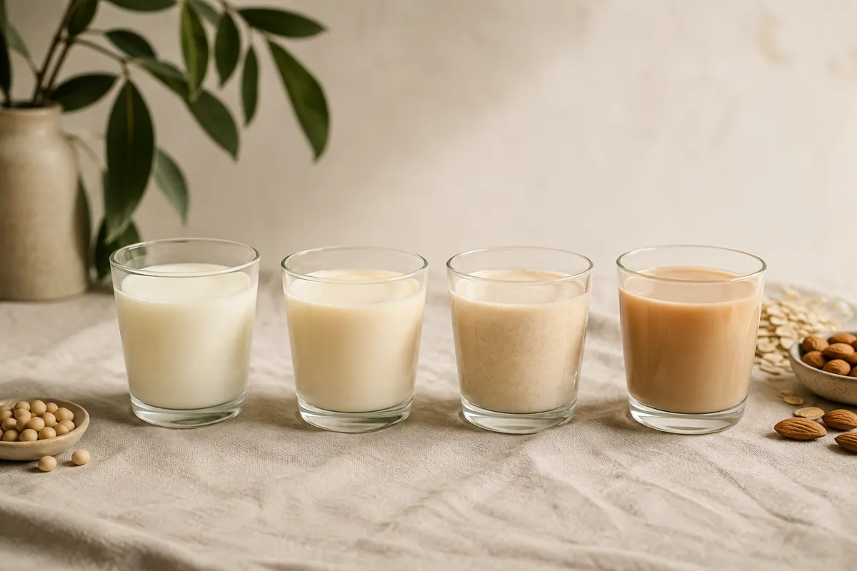 Four glasses in a row holding milk, soy, oat and almond drinks, visibly different in opacity and colour
