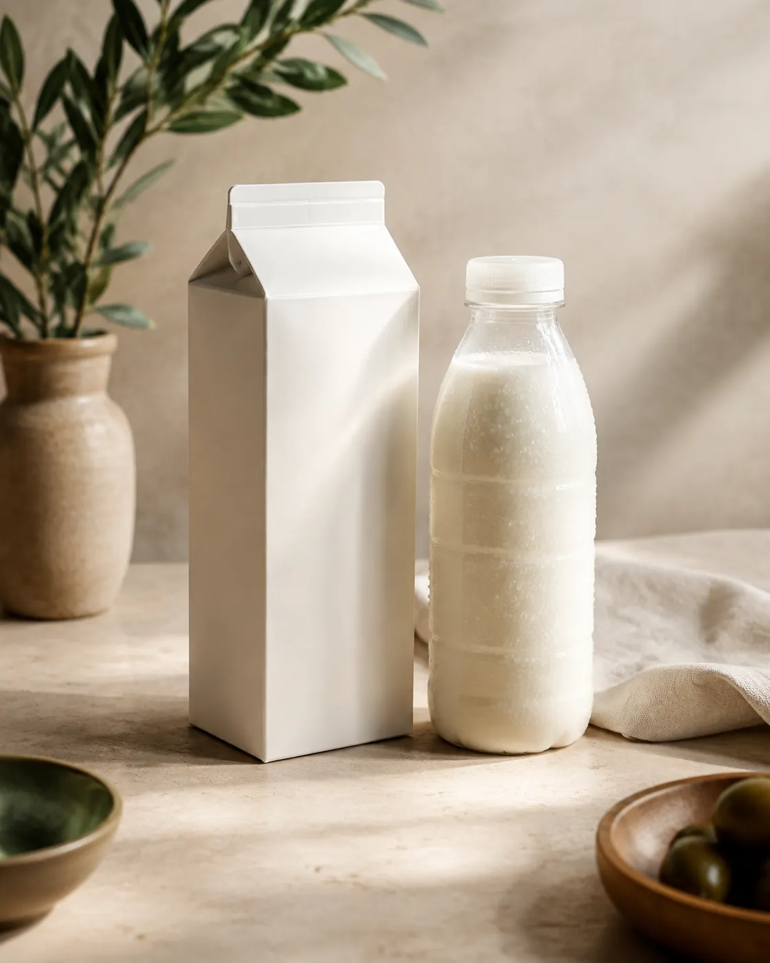 A plain foil-lined carton standing beside a chilled plastic bottle of milk on a pale stone counter