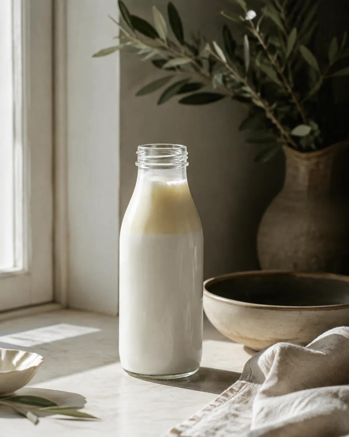 A glass bottle of unhomogenised milk standing on a windowsill with a distinct pale cream layer at the neck