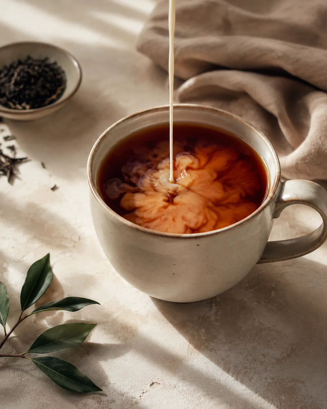 A mug of black tea with a thin stream of milk turning the surface from red-brown to tan