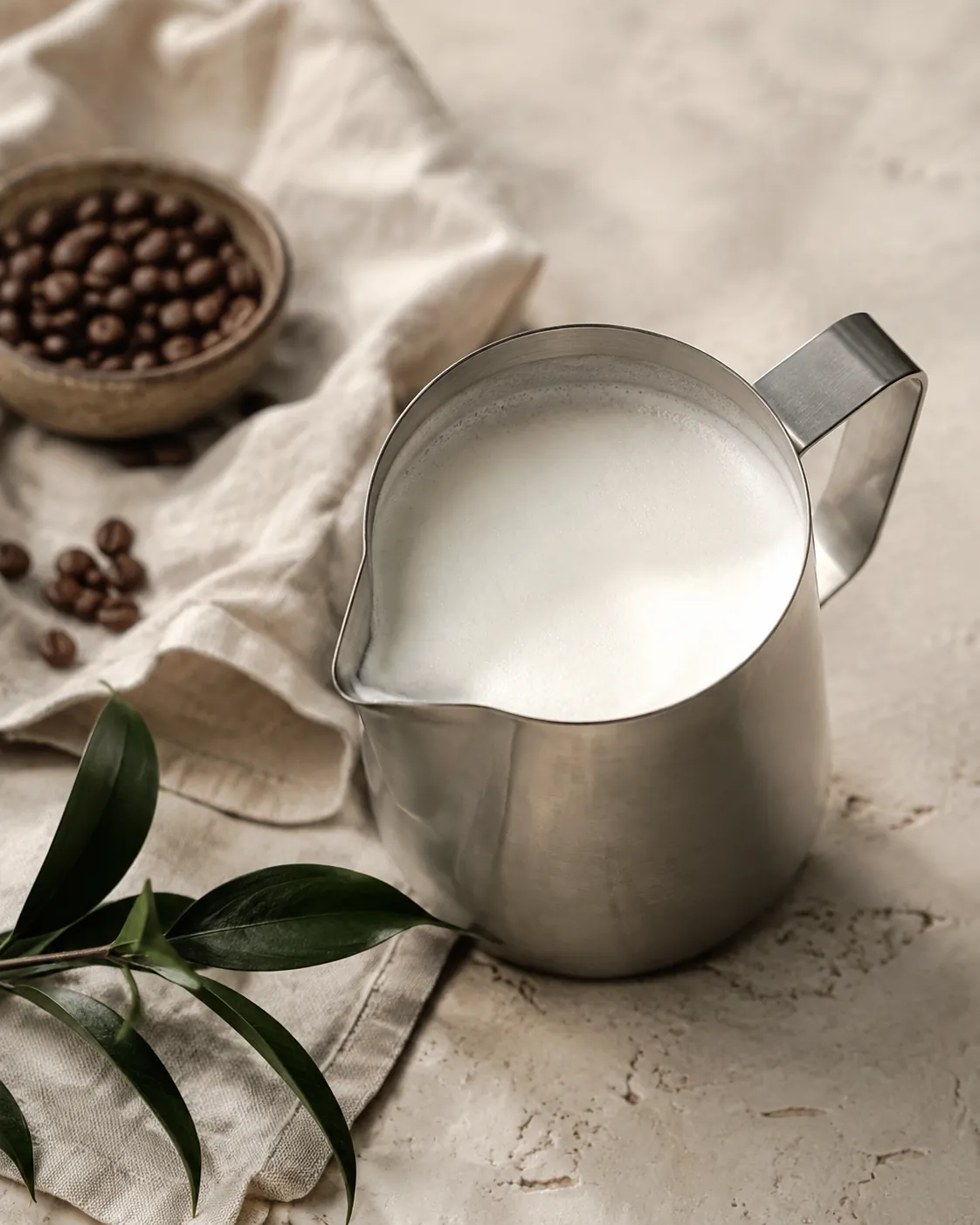 A steel jug of whole milk tilted to show a glossy fine-bubbled surface with no large holes in it