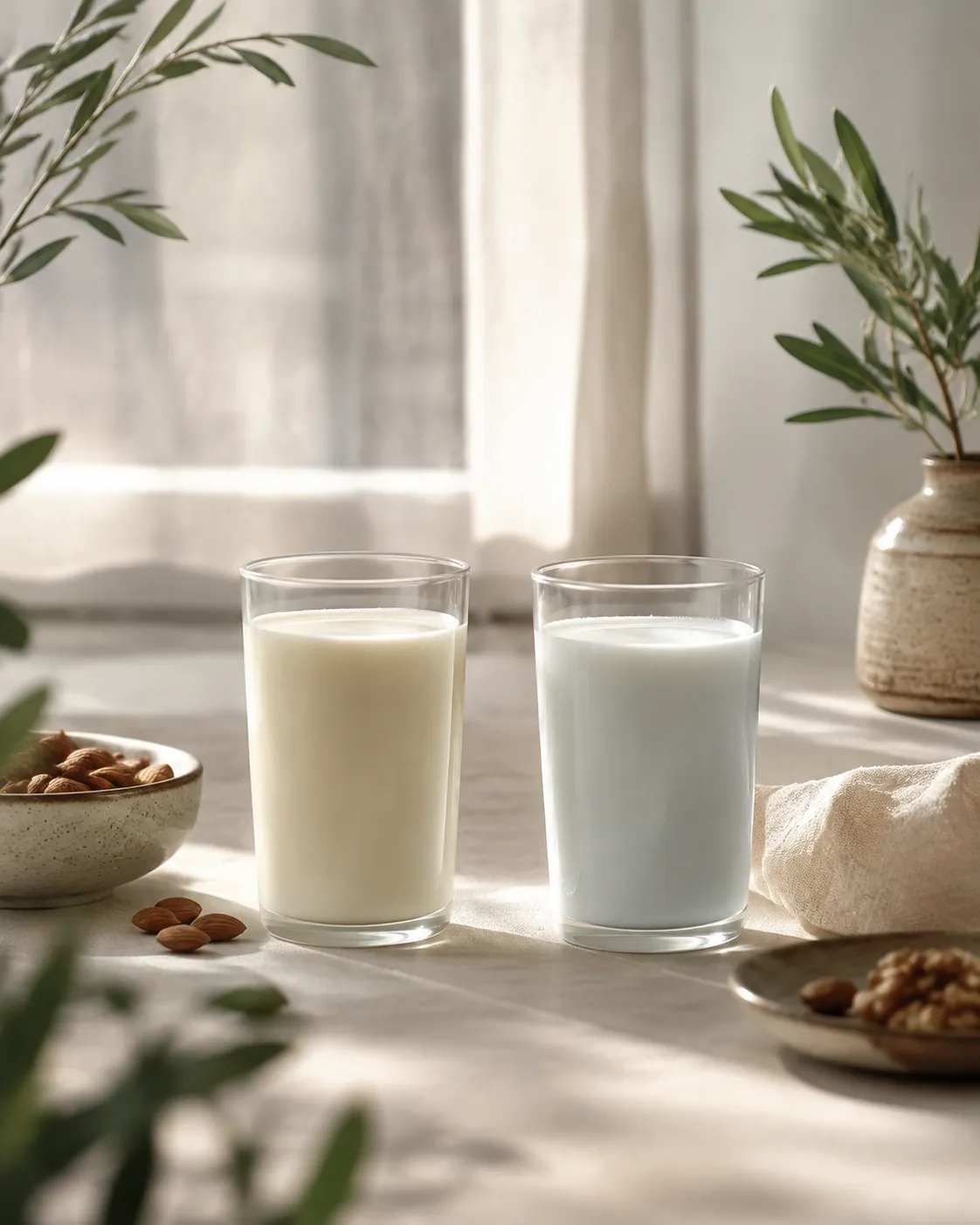 A glass of whole milk backlit against a window beside a glass of skimmed milk showing a cooler, bluer cast