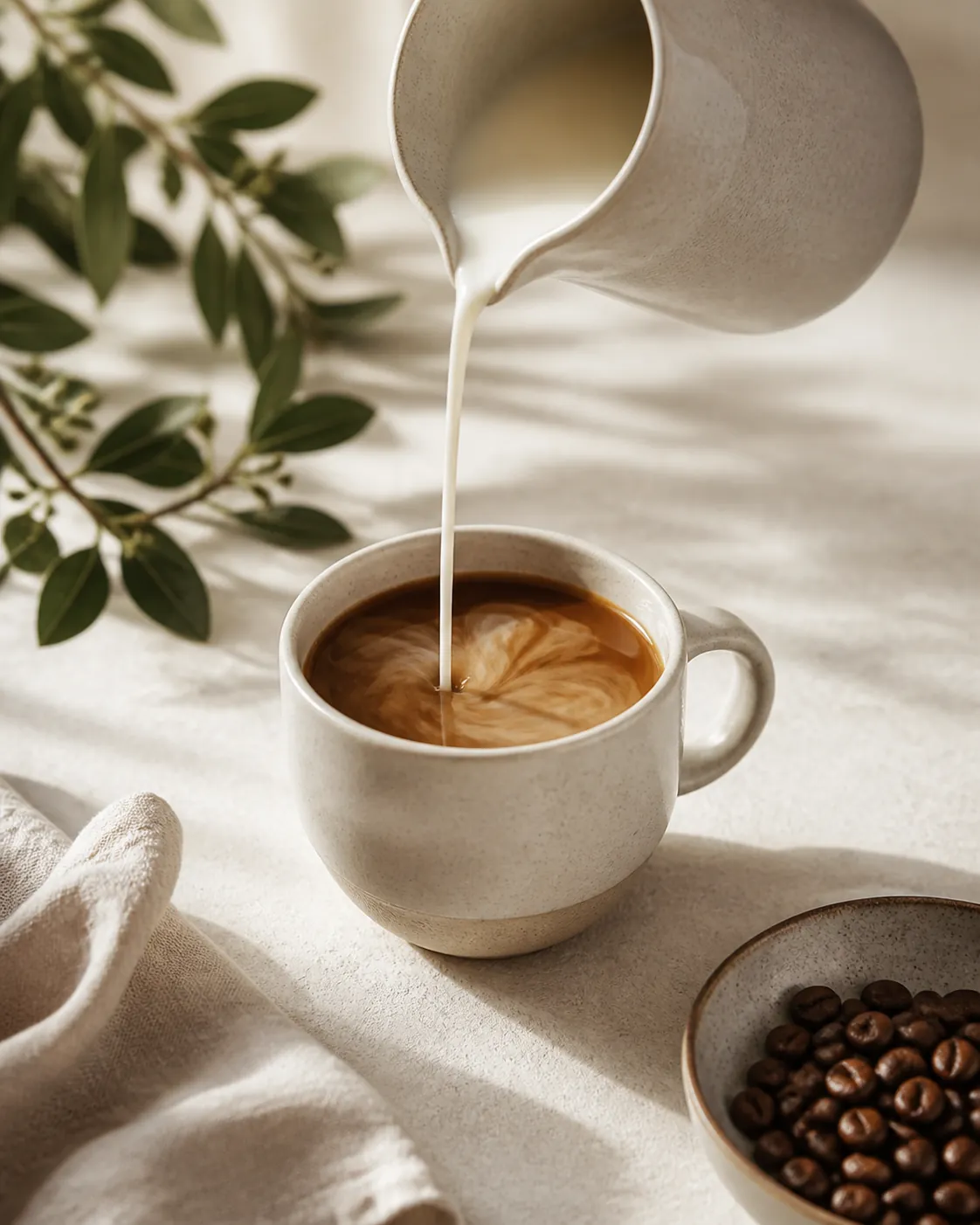 A steady stream of milk falling into a cup of black coffee, the surface swirling pale brown with no flecks