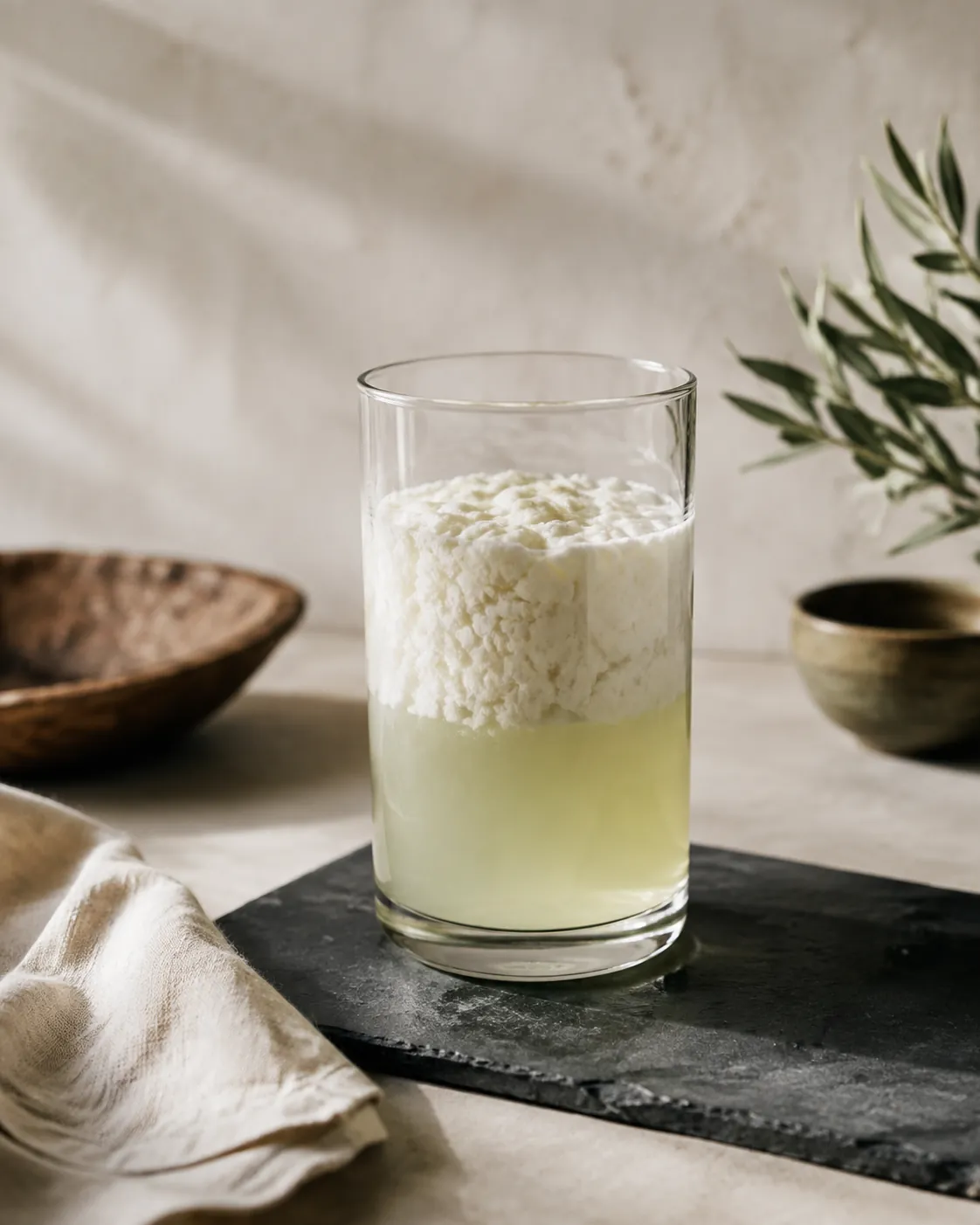 A glass of milk that has separated into a thick pale curd sitting above a layer of watery greenish liquid