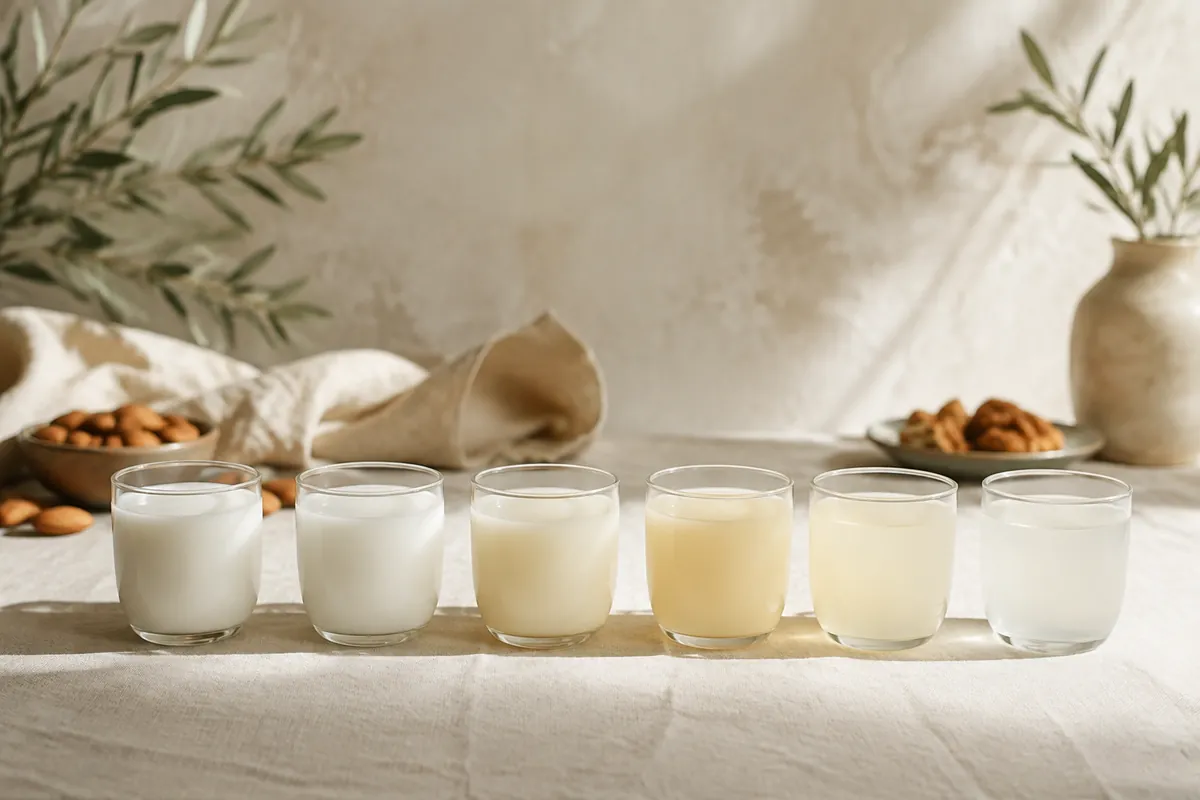 Six small unlabelled glasses of pale drinks lined up on a linen cloth, ranging from opaque white to nearly translucent