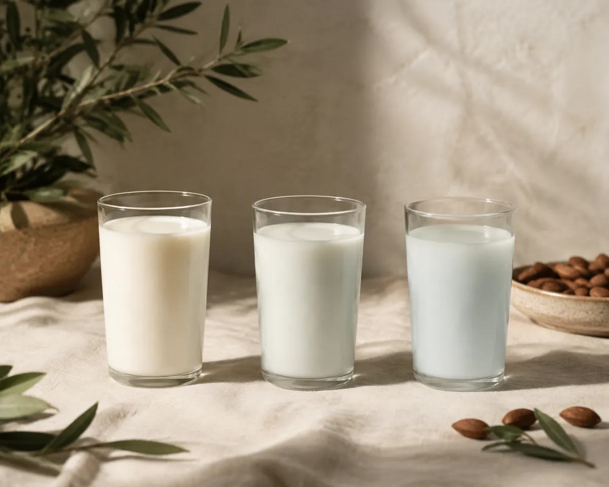 Three identical glasses of milk in a row, the left one dense and creamy white, the middle paler, the right thin and faintly blue