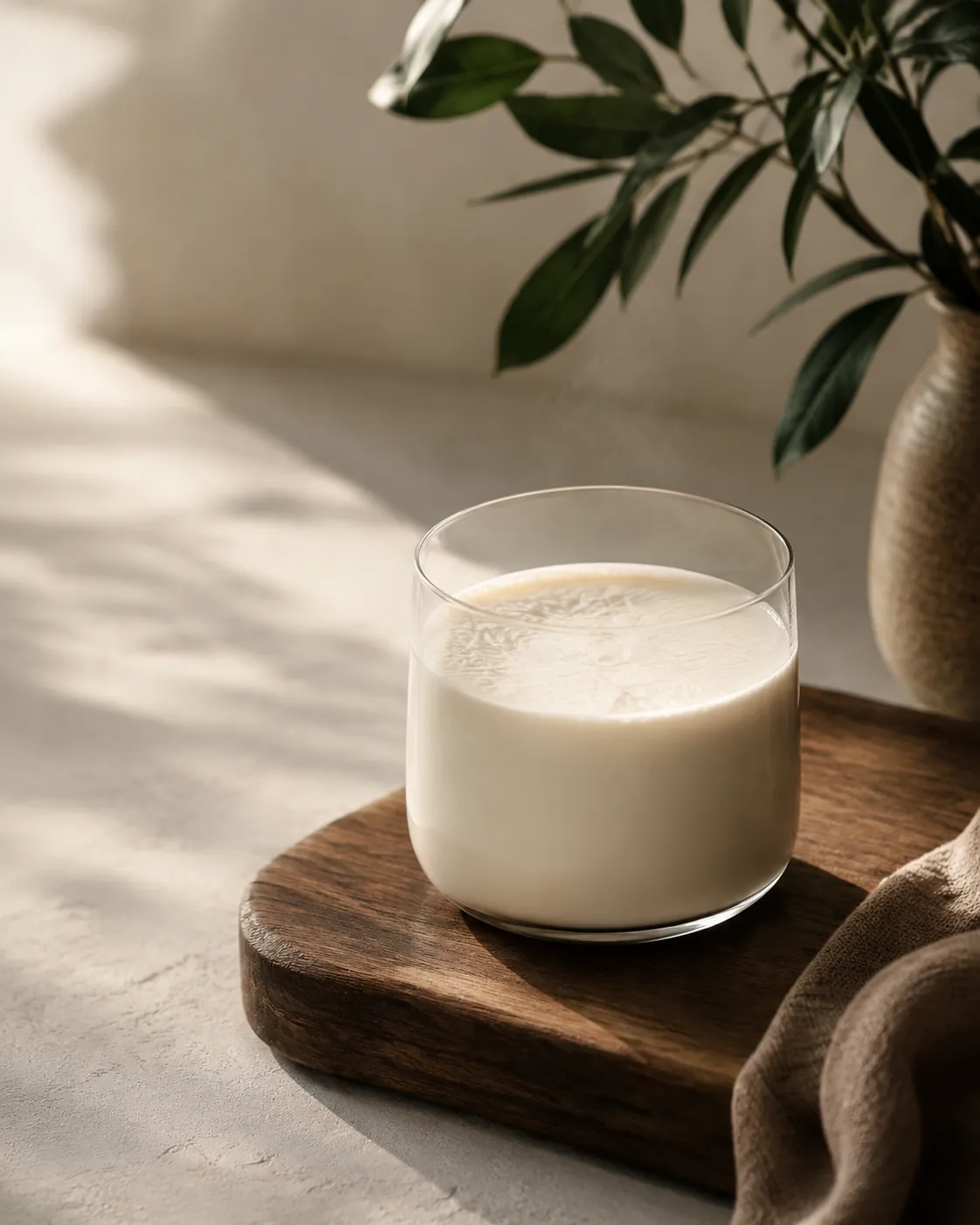 A short glass of warm milk on a wooden board with a faint skin forming across its surface