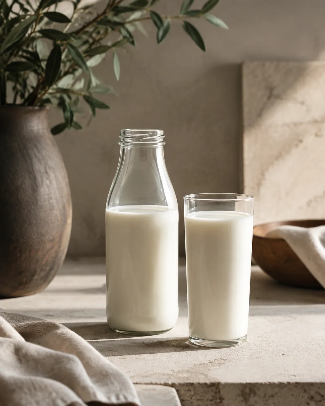 A tall glass of whole milk on a pale stone surface beside an open bottle, the liquid dense and opaque white